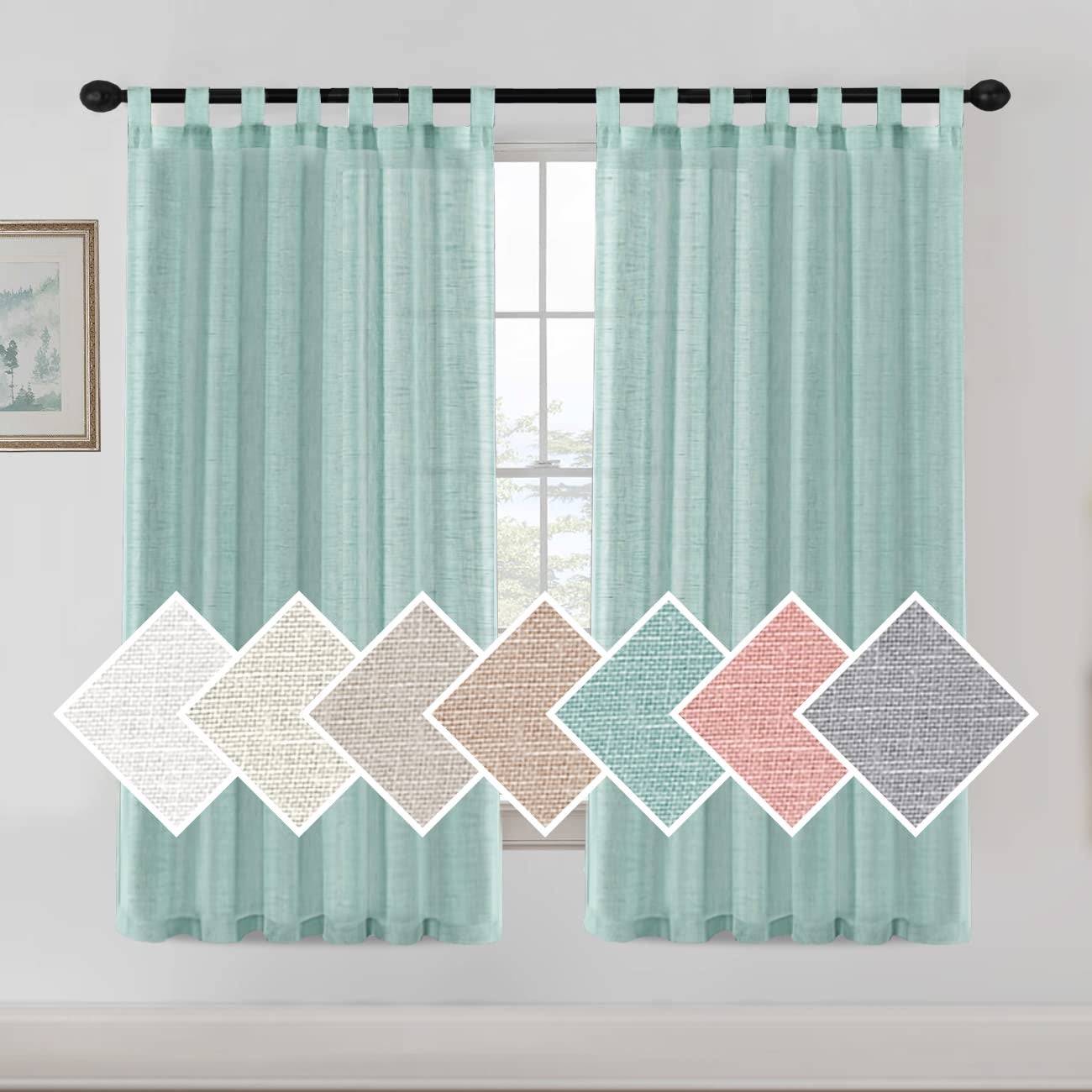 Eleganckie zielone lniane zasłony Lago 2 panele 132 x 183 cm, oddychające z 7 przelotkami do sypialni i salonu w stylu wiejskim