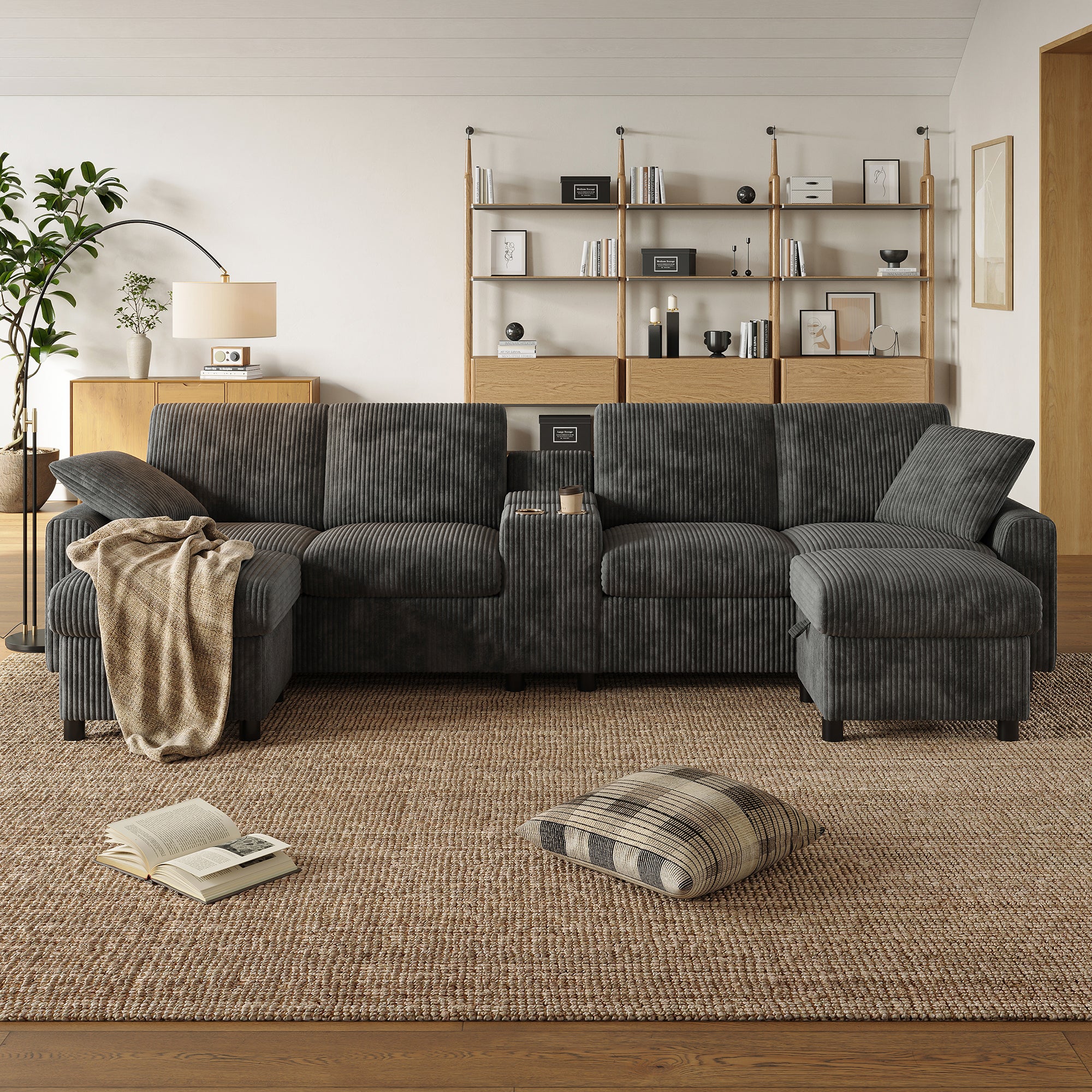 4-osobowa sofa narożna z 2 podnóżkami ze schowkiem, uchwytami na kubki i portem USB – 315 x 135 x 81 cm – sztruks – szary