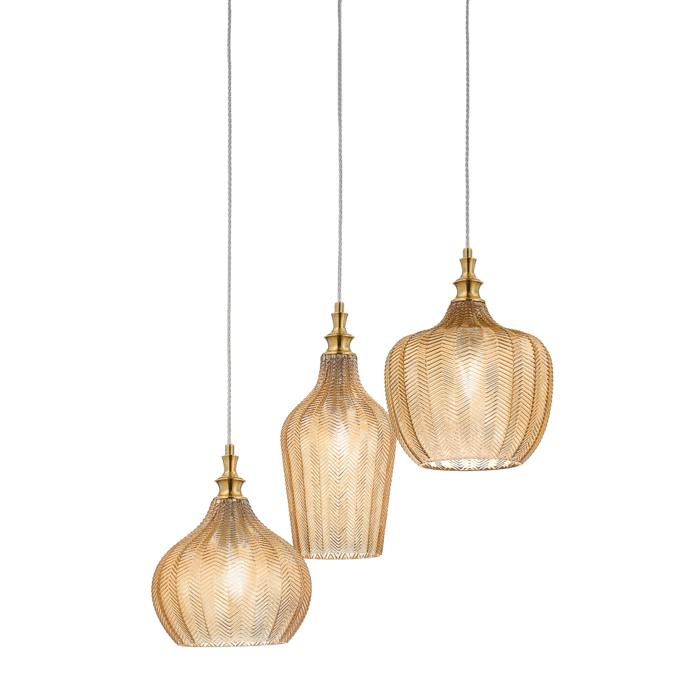 Cleofe S/3 Amber Triple Pendant Lamp - Mosiężna oprawa 3x E27 Max 180W Przezroczyste bursztynowe szkło - Gealuce