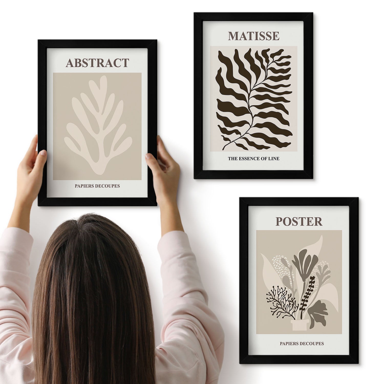 Galeria ścienna 3-częściowy komplet obrazów w czarnych ramach - Roślinne wzory w odcieniach beżu i brązu - ArtPrintCave