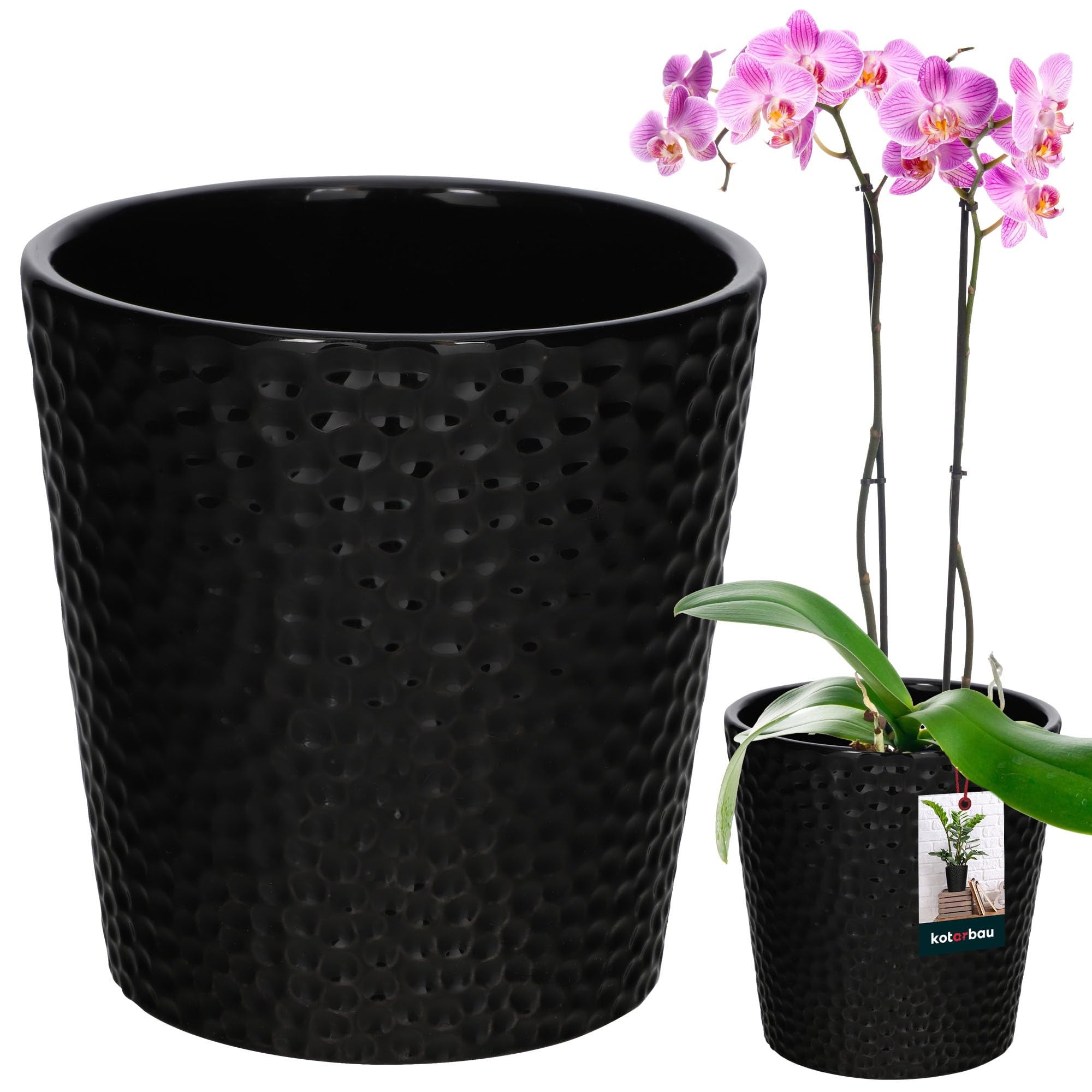 Doniczka donica osłonka czarna ceramiczna kwiaty rośliny storczyki fi 9,5cm - KOTARBAU