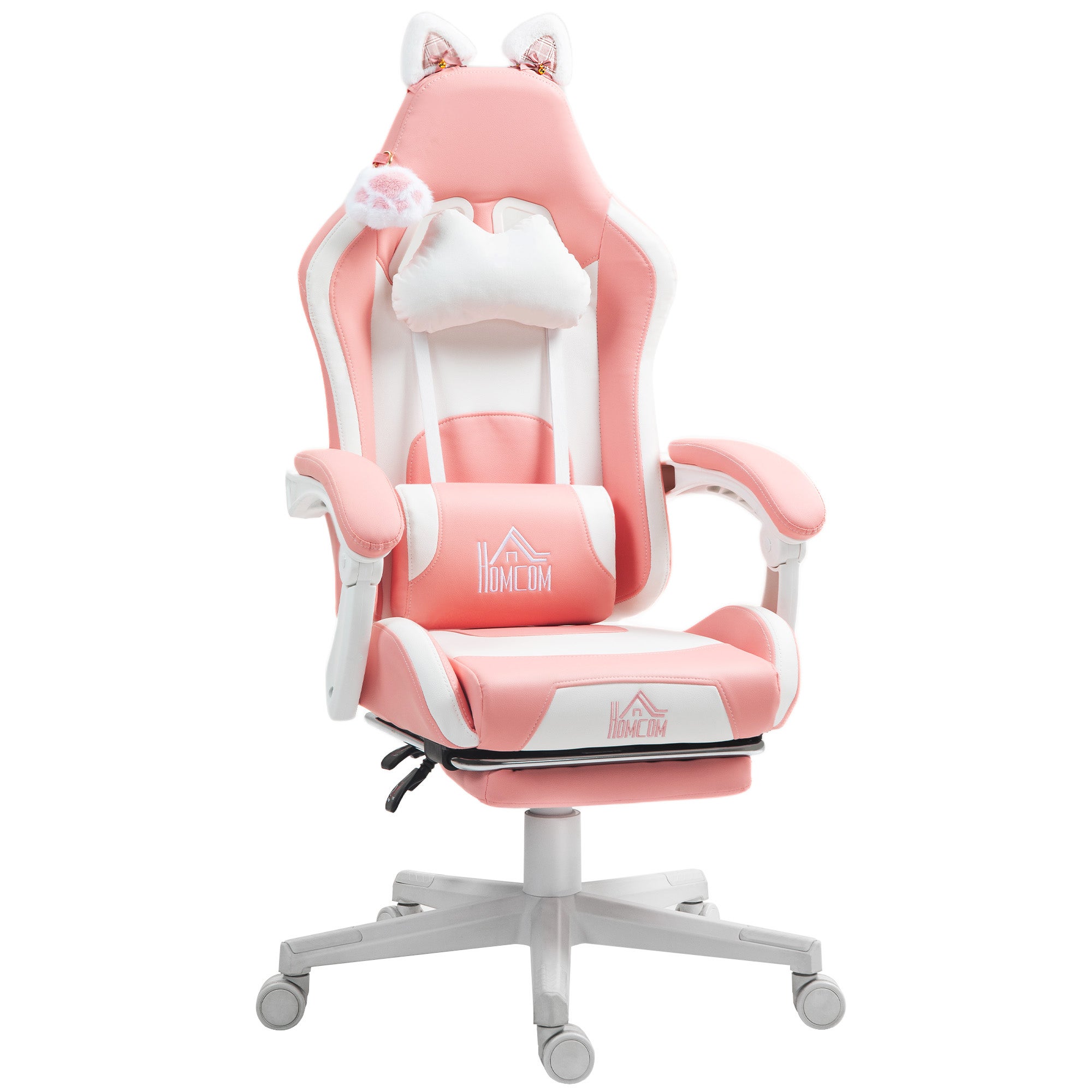 Ergonomiczny fotel gamingowy z kocimi uszami, podnóżkiem, podparciem lędźwiowym i szyjnym, różowy