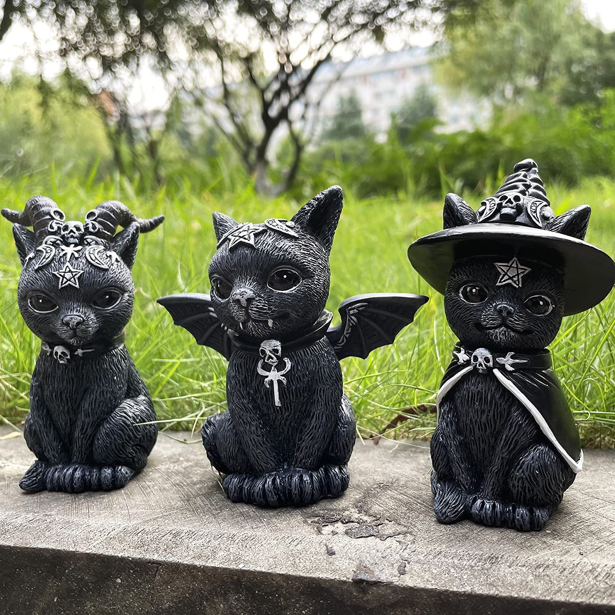 Zestaw 3, statuła kota - czarna statuła kota do dekoracji na zewnątrz - dekoracje Halloween z czarnego kota - do dekoracji ogrodu