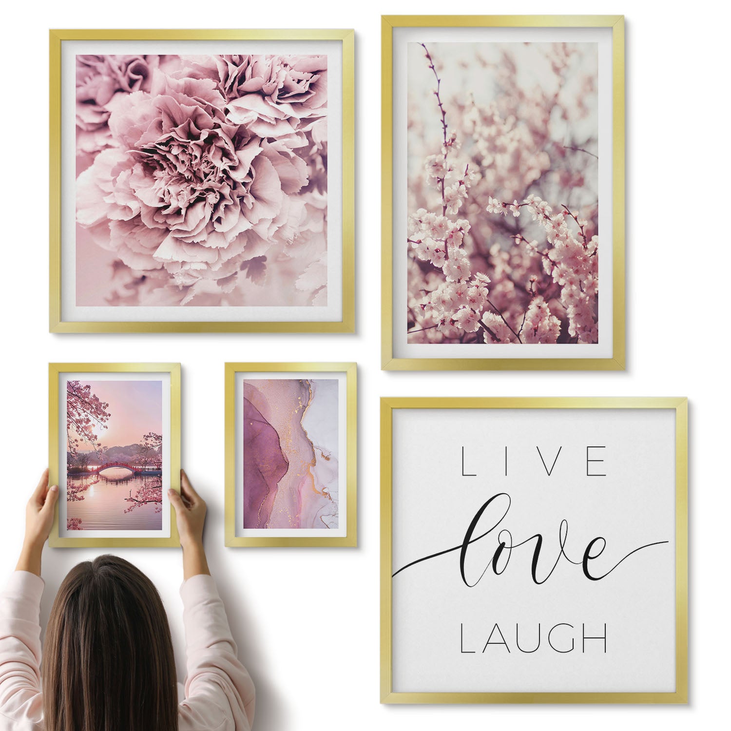 Galeria ścienna 5-częściowy komplet obrazów w złotych ramach - Kwiatowe motywy z inspirującymi hasłami w pastelowych tonach - ArtPrintCave