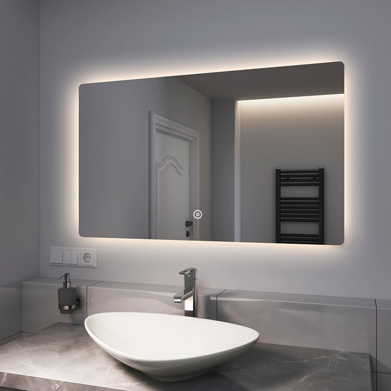 EMKE Lustro łazienkowe z oświetleniem LED 100x60 cm, z 3 barwy światła, możliwość ściemniania, funkcja pamięci, IP44, bezramowe