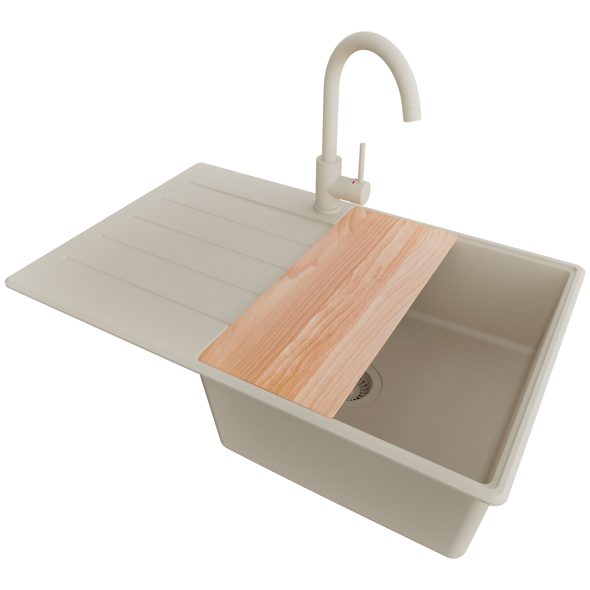Zlewozmywak Granitowy Beżowy 78x50cm, Zlew Kuchenny 1 Komorowy + Bateria 32x20cm + Syfon + Deska, Nablatowy do szafki od 50cm - Kopenhaga PRIMAGRAN