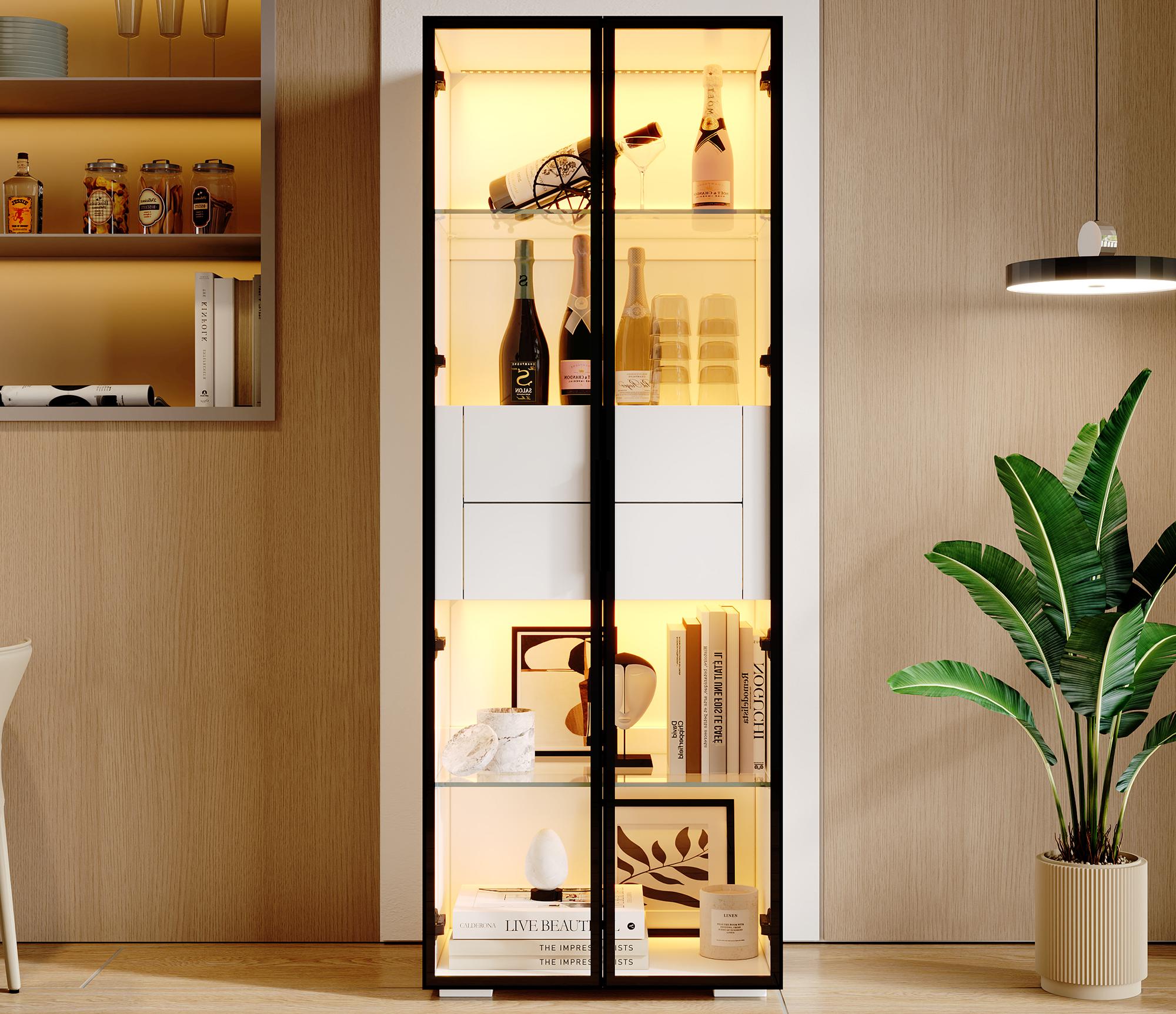 Witryna 60 x 40 x 160 cm - z oświetleniem LED - 2 drzwi szklanych - 2 szuflady - MDF + szkło - Biały