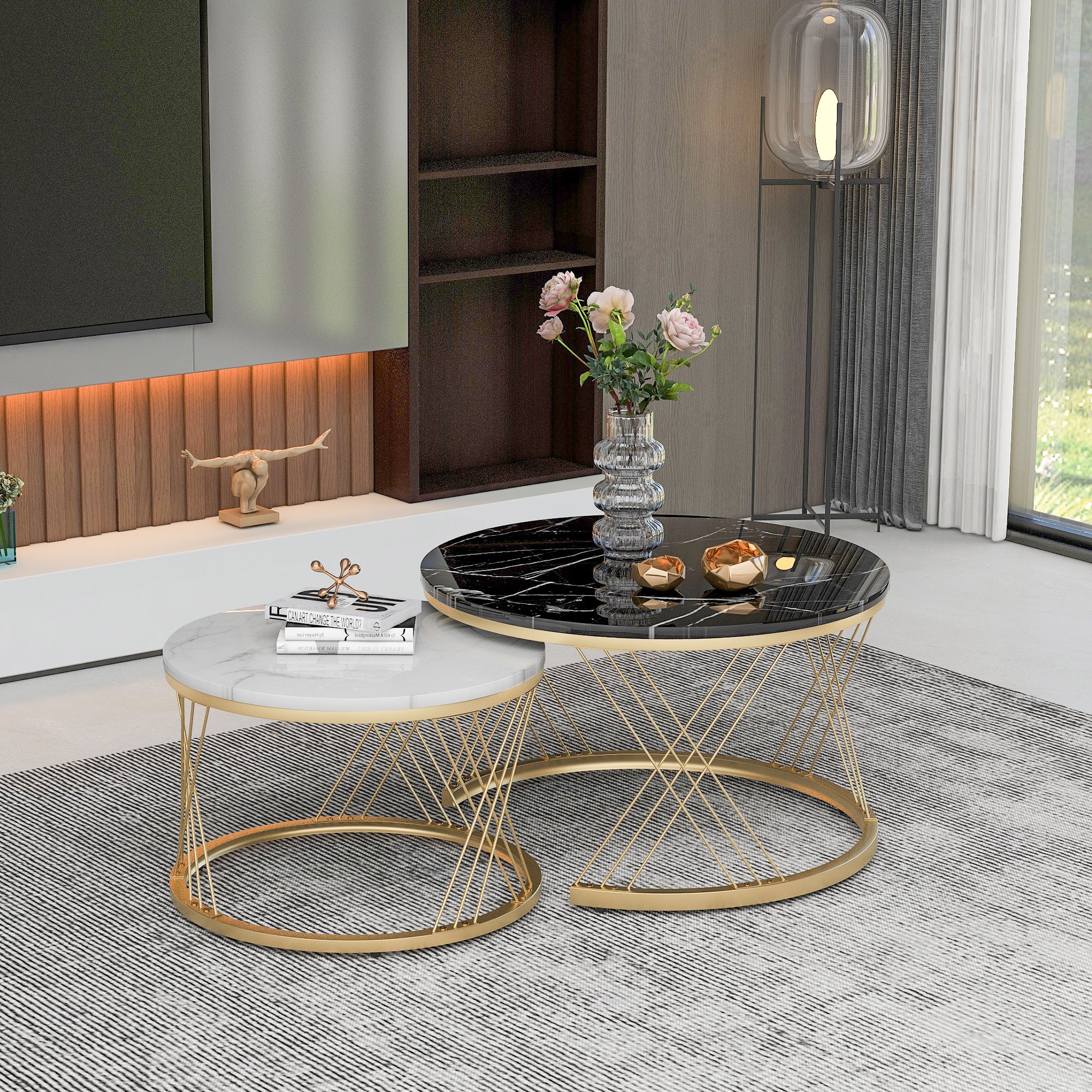 Zestaw 2 okrągłych stolików kawowych - 70 x 45 cm + 45 x 40 cm - MDF i złote metalowe nogi - Czarny + biały