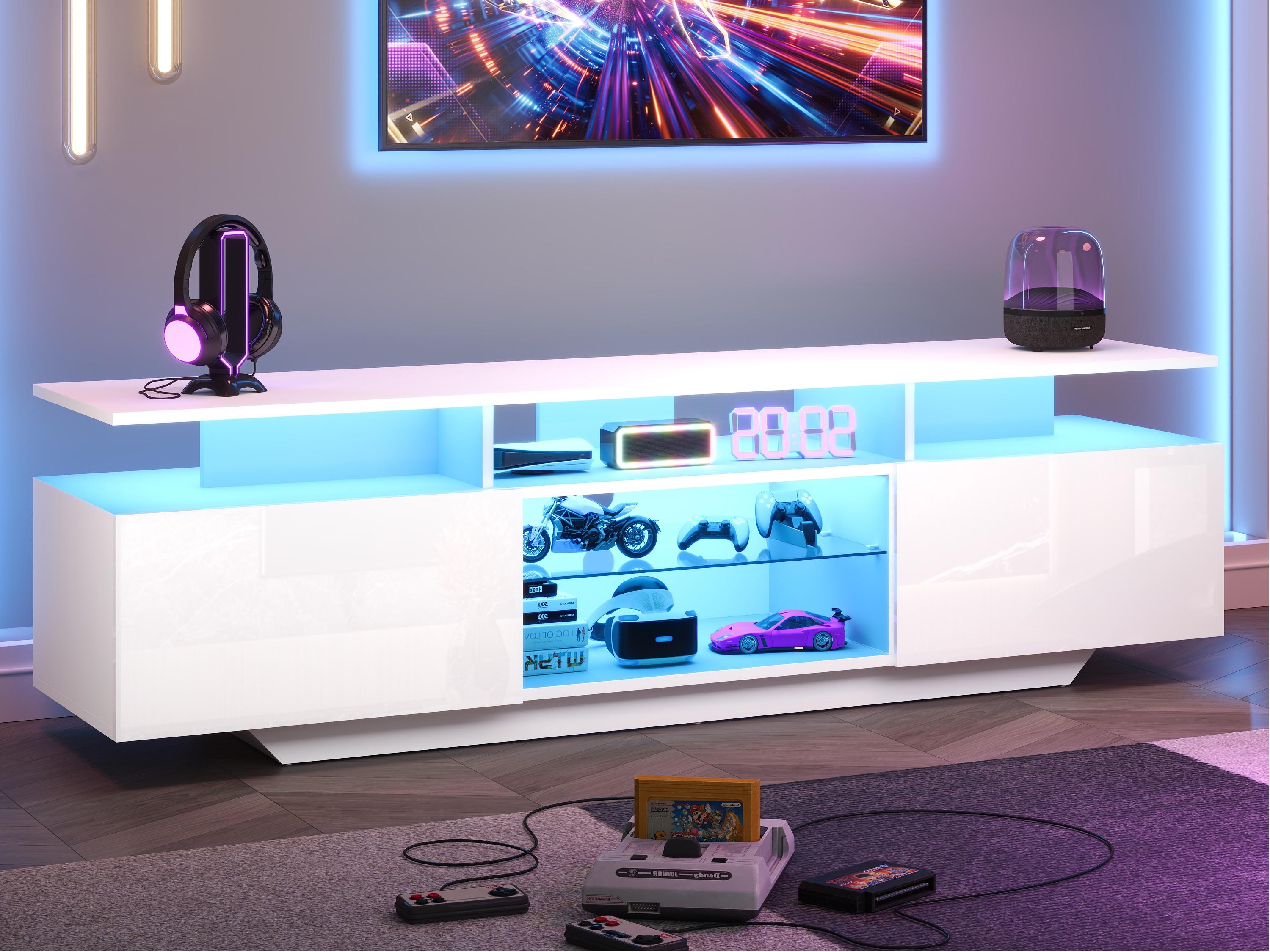 Szafka RTV z połyskiem 160x40x45cm - z 2 drzwiami i 8 półkami - z oświetleniem LED - MDF - biała