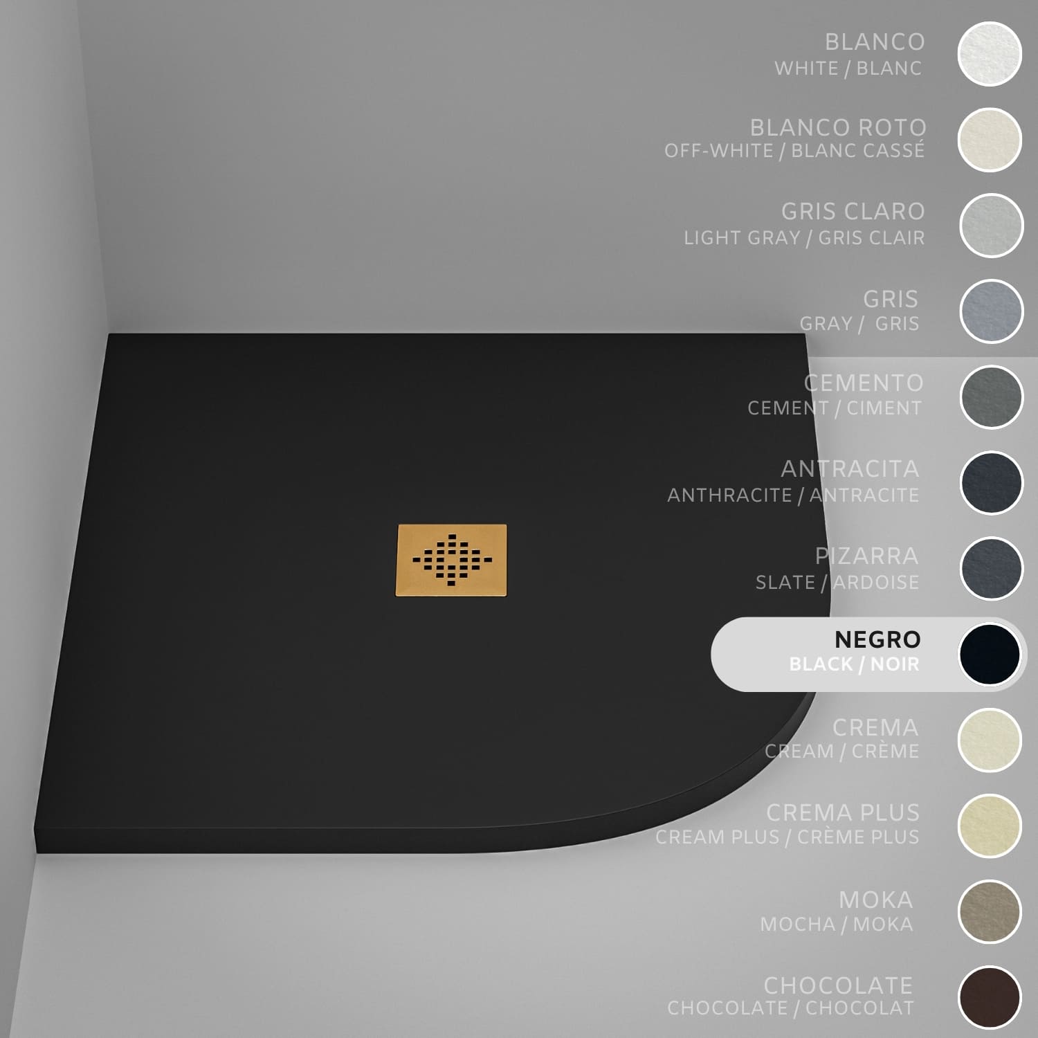 Brodzik półokrągły SOULHOME Żywica i Konglomerat Mineralny Antypoślizgowy 90x90 cm Czarny - Kratka Gold