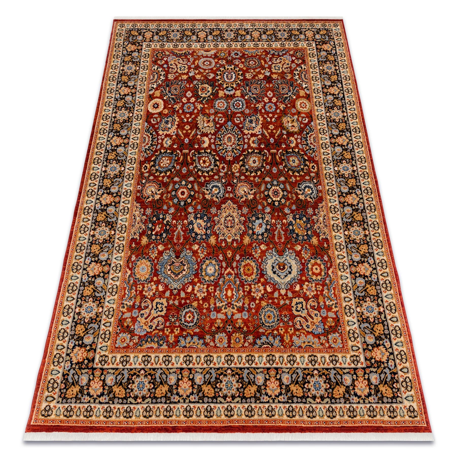 Dywan wełniany KESHAN Frędzle, Ornament, ramka orientalny 7573/53577 bordo / granat 160x230 cm