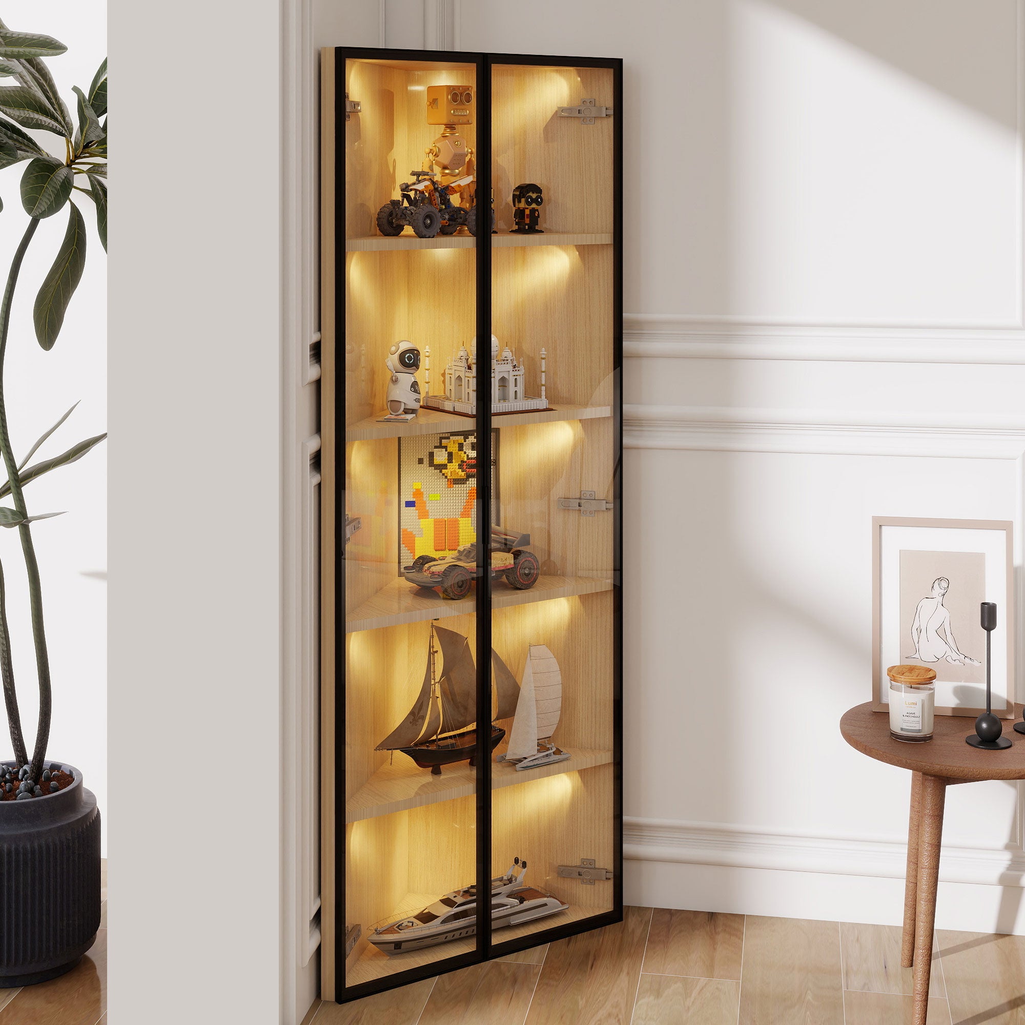 Witryna narożna z 2 drzwiami ze szkła pyłoszczelnego - 60 x 35 x 160 cm - MDF - 5 półek - diody LED - dąb