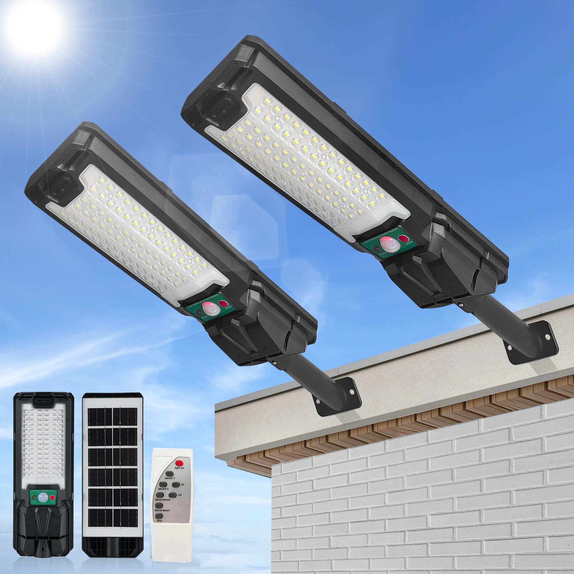 2 sztuki 200W Solar Street Light z czujnikiem ruchu, wodoodporna zewnętrzna lampa bezpieczeństwa, automatyczne zmierzch do świtu