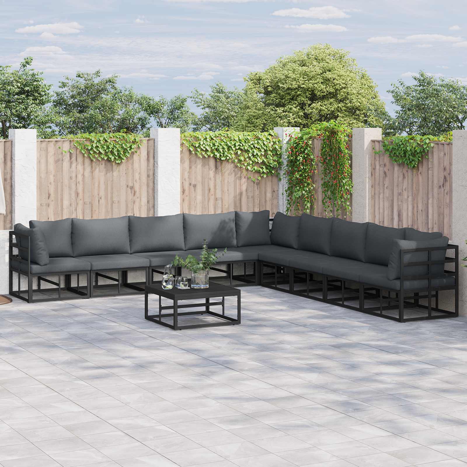 Zestaw Sof na Ogród z poduszką 10 pcs Czarny Aluminium vidaXL
