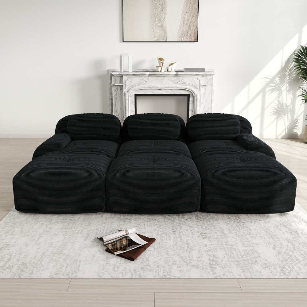 Modułowa sofa 3-osobowa z 3 pufami, dostarczana w stanie rozmontowanym, przyjazna dla zwierząt, szerokie podłokietniki, pianka 32D