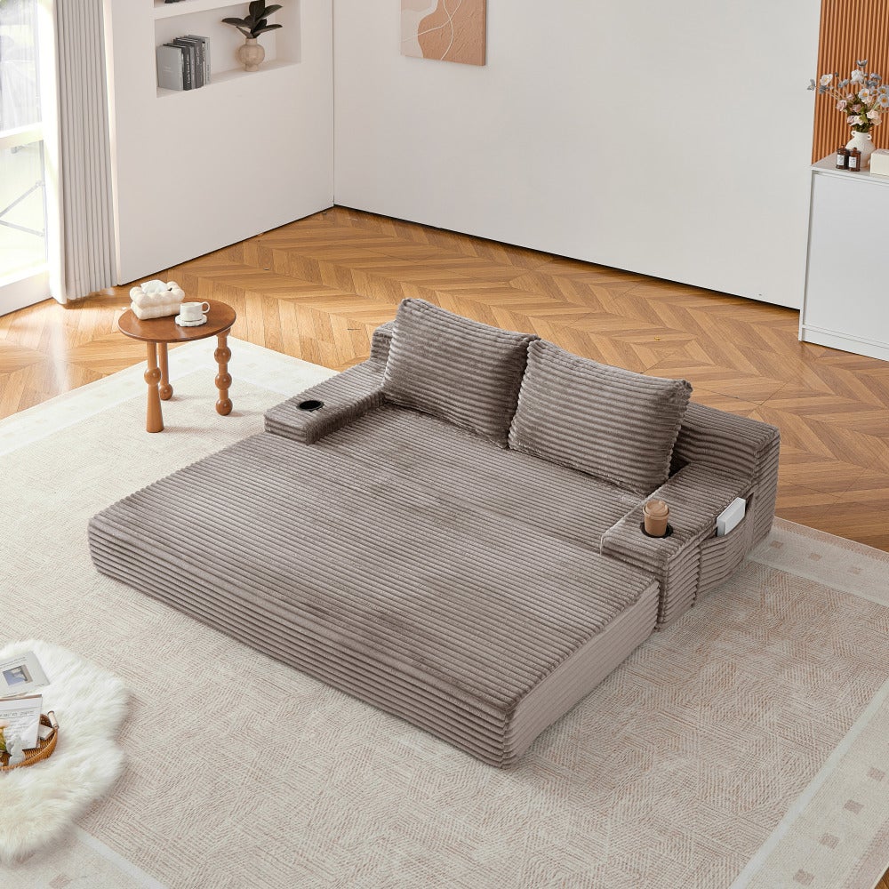 Kanapa sofa rozkładana 2-osobowa 2 w 1 ze sztruksu, 2 poduszki, uchwyty na kubki i kieszenie boczne