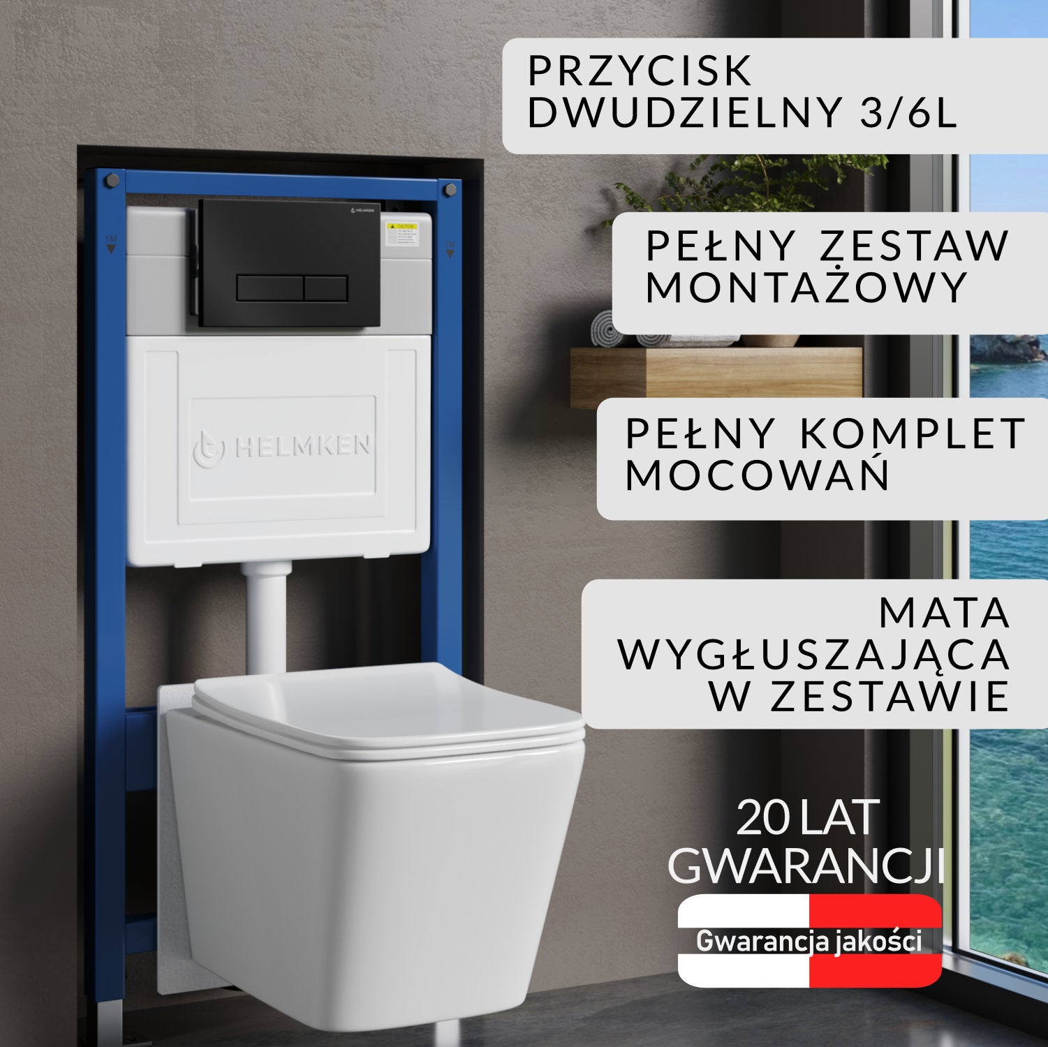 Stelaż podtynkowy WC Helmken 35120001 Zestaw 5w1: Czarny Mat Przycisk HD, Miska bezkołnierzowa Rimless, Deska wolnoopadająca, Mata