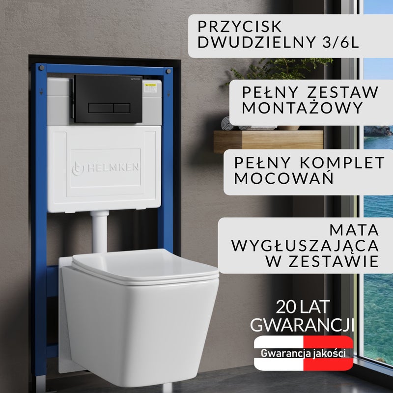 Stelaż podtynkowy WC Helmken 35120001 Zestaw 5w1: Czarny Mat Przycisk HD, Miska bezkołnierzowa Rimless, Deska wolnoopadająca, Mata