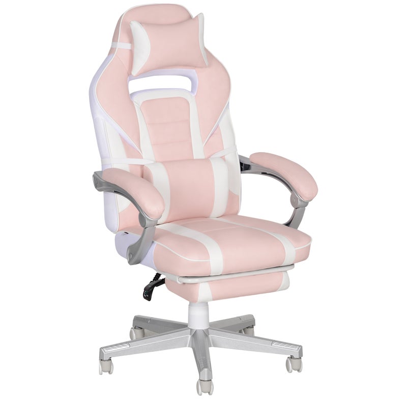 Fotel gamingowy, ergonomiczny fotel gamingowy z podnóżkiem, regulowana wysokość, odchylane oparcie, 63x63x123 cm, różowy