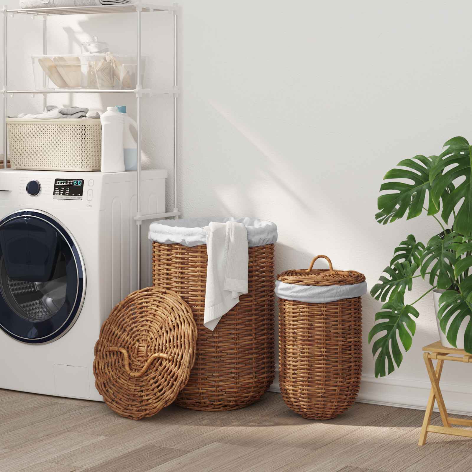 Kosz na pranie z pokrywą 2 pcs Naturalny Brąz Rattan Kubu vidaXL