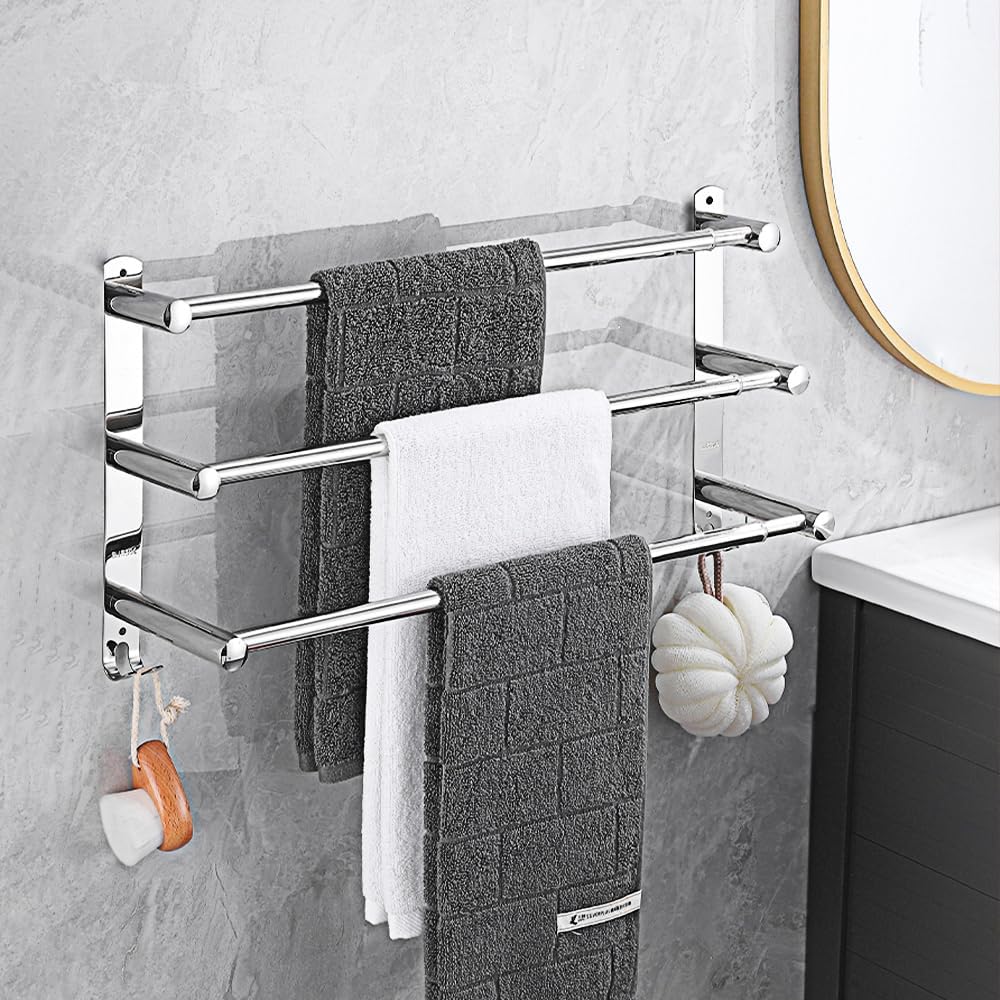 Wysuwany wieszak na ręczniki ze stali nierdzewnej, łazienkowy - Długość 43-78 cm, srebrny, 3 poziomy - Wymiary 44x29x12,5 cm - Regulowany uchwyt na rę