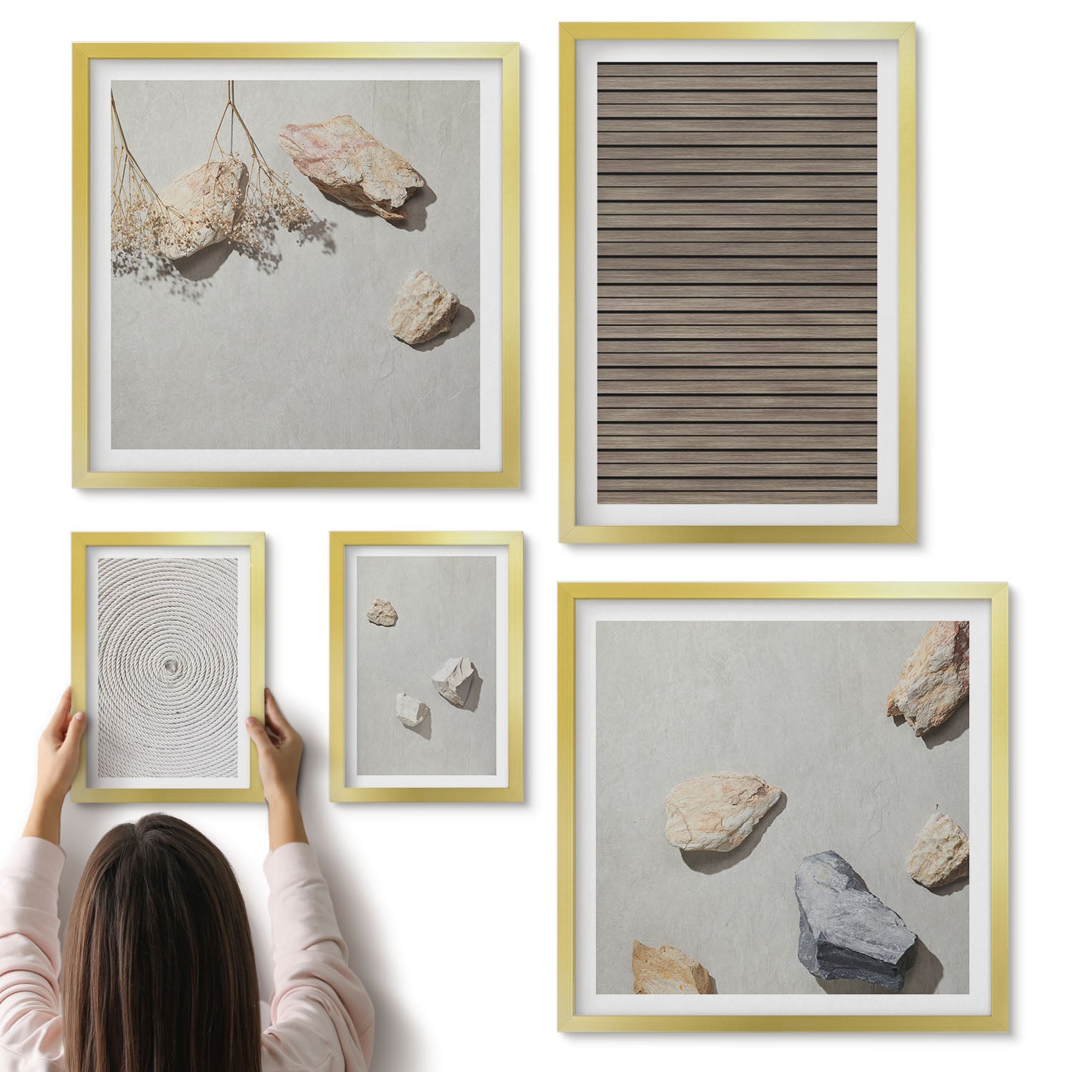 Galeria ścienna 5-częściowy komplet obrazów w złotych ramach - Naturalne tekstury drewno kamienie sznur - ArtPrintCave