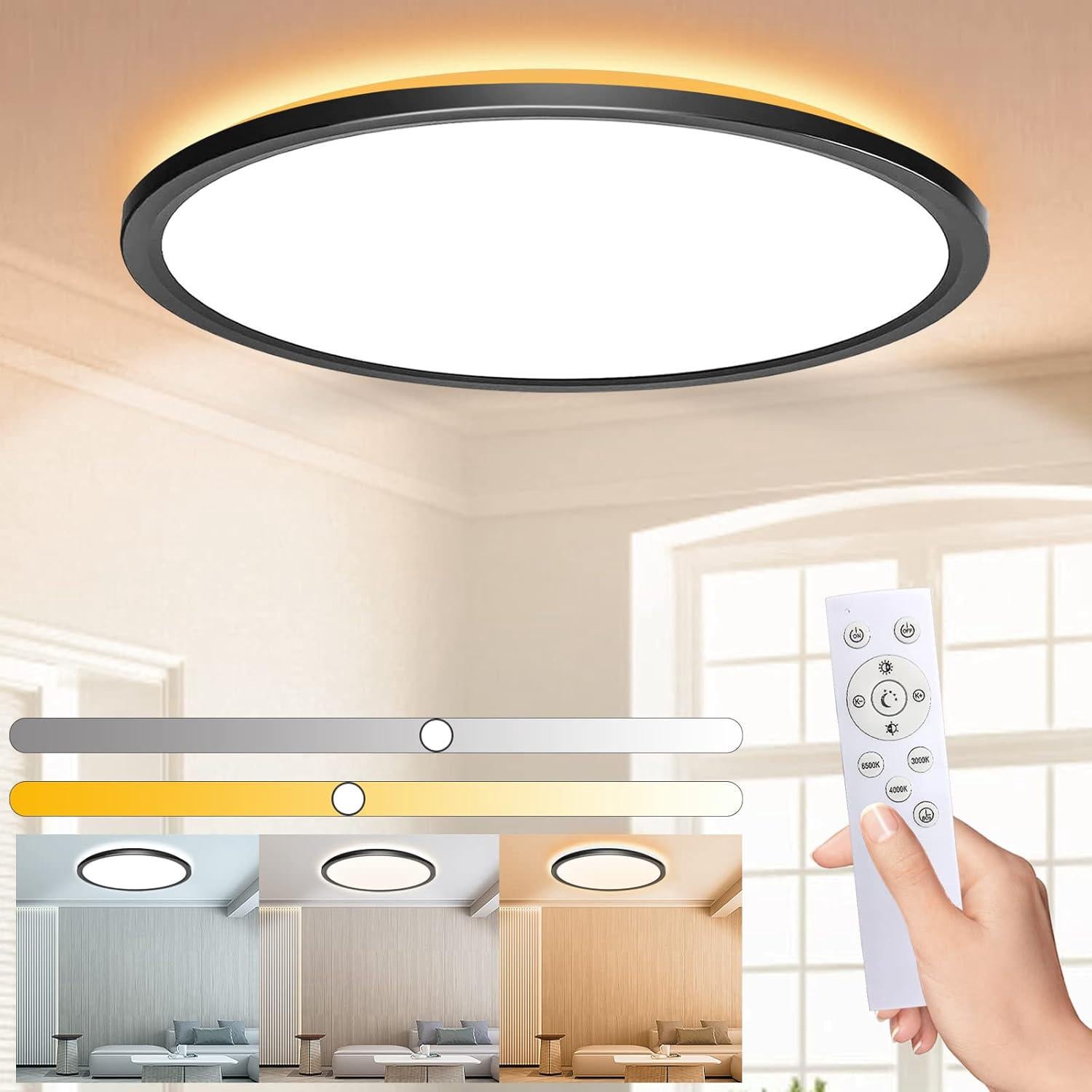Ściemnialna lampa sufitowa LED z pilotem, 24W, okrągła, czarna, do łazienki, sypialni, salonu, kuchni i korytarza.