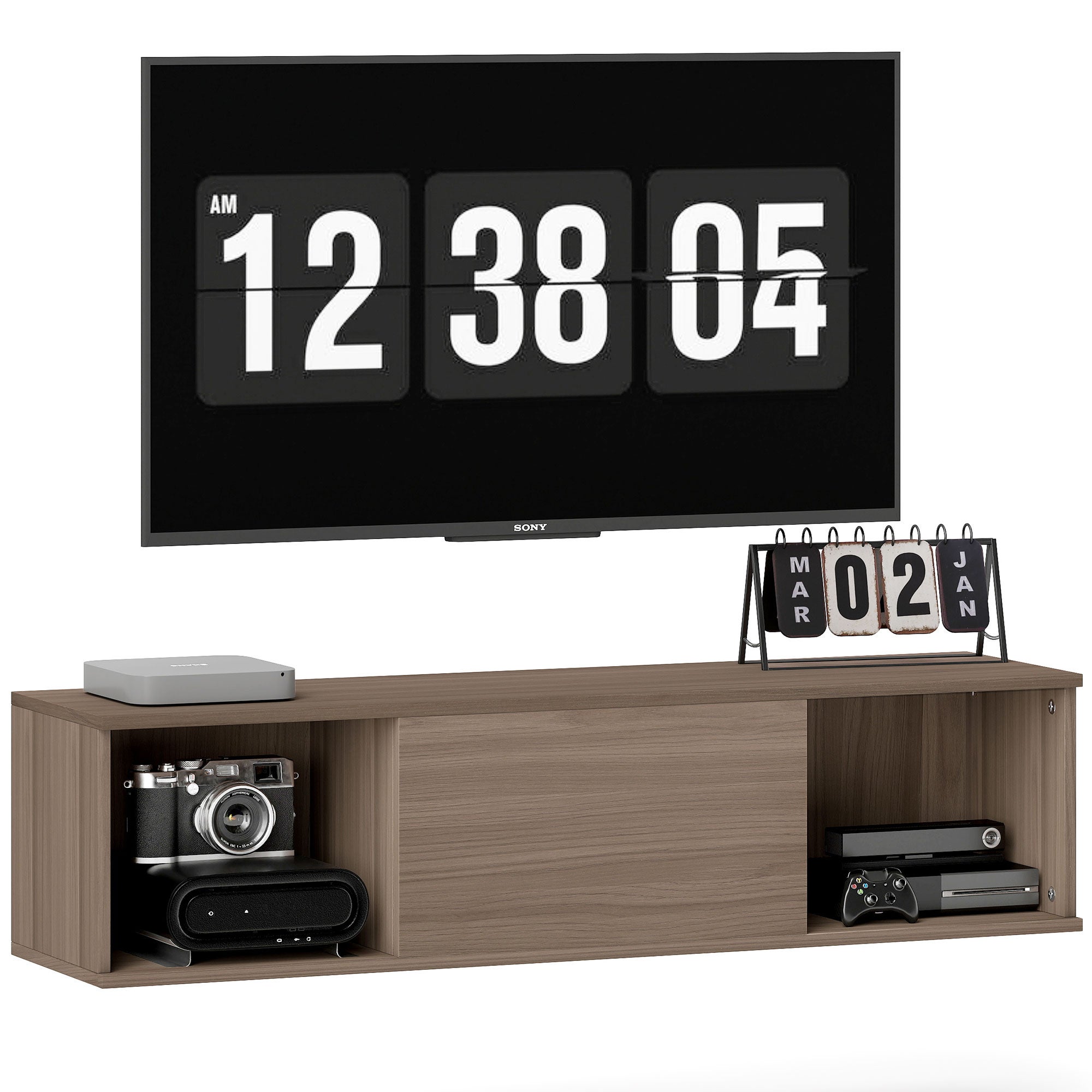 Szafka ścienna pod telewizor z 2 otwartymi przegrodami i drzwiami uchylnymi, 120 x 30 x 29,5 cm, brązowa