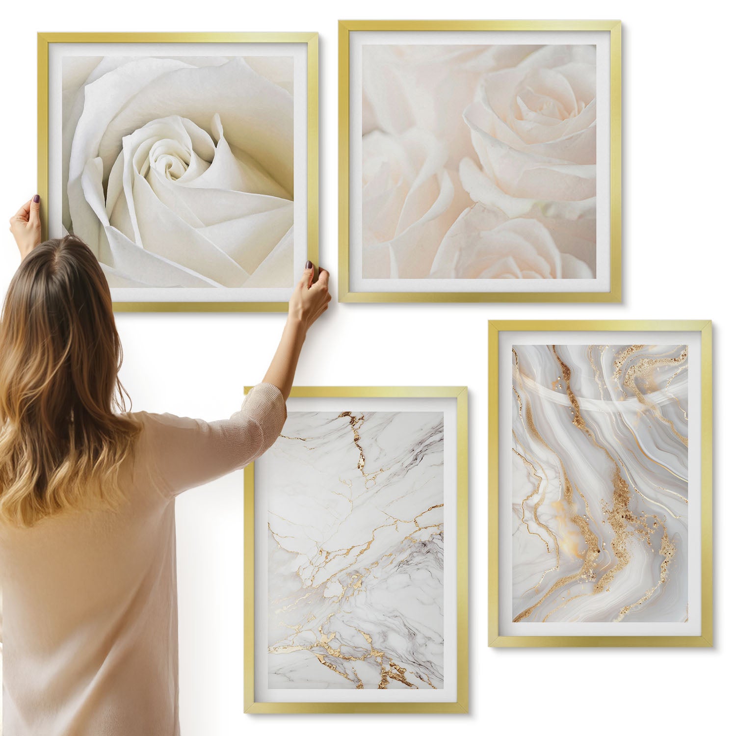 Galeria ścienna 4-częściowy komplet obrazów w złotych ramach - Eleganckie modne wzory marmurowe abstrakcja - ArtPrintCave