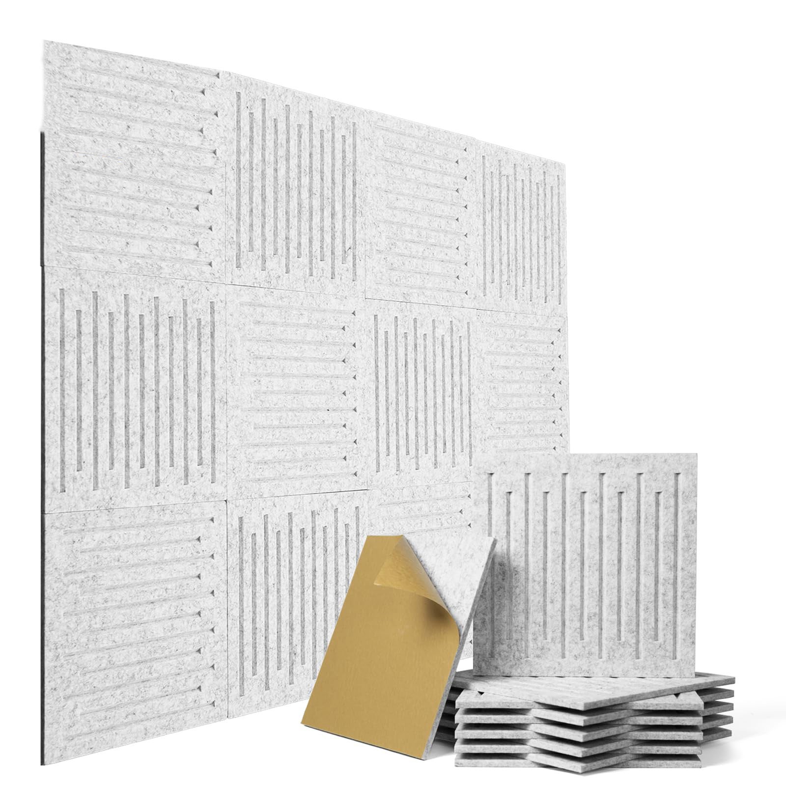 Zestaw 12 paneli dźwiękochłonnych z włókna poliestrowego, samoprzylepne panele ścienne o wysokiej gęstości, 30 cm x 30 cm x 9 mm, srebrnoszare