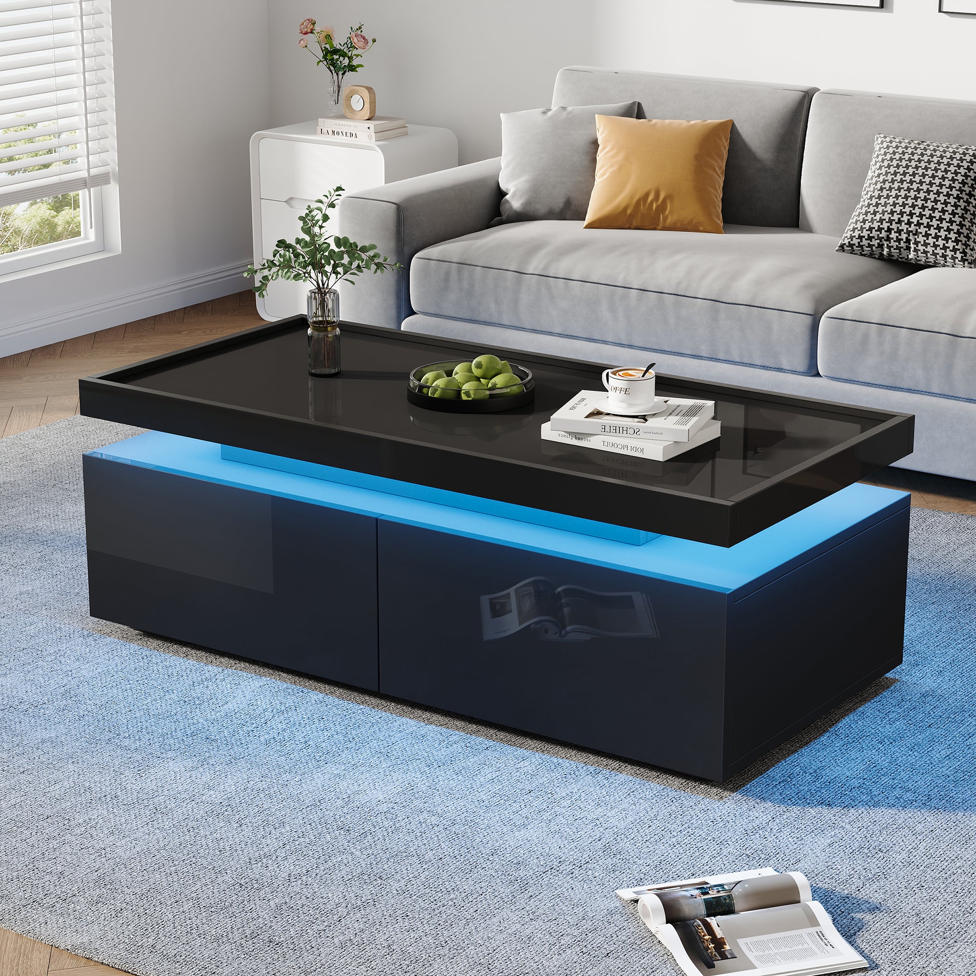 Stolik kawowy 95*45*35cm, stolik do salonu z diodami LED, stolik kawowy z 2 szufladami, stolik pod sofę na wysoki połysk