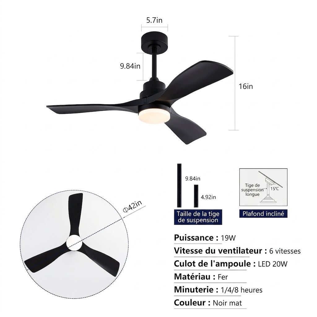 Czarny wentylator sufitowy 107 cm, 5 łopatek ze ściemnianym światłem LED, cichy z pilotem do zadaszonego tarasu & salonu wewnątrz
