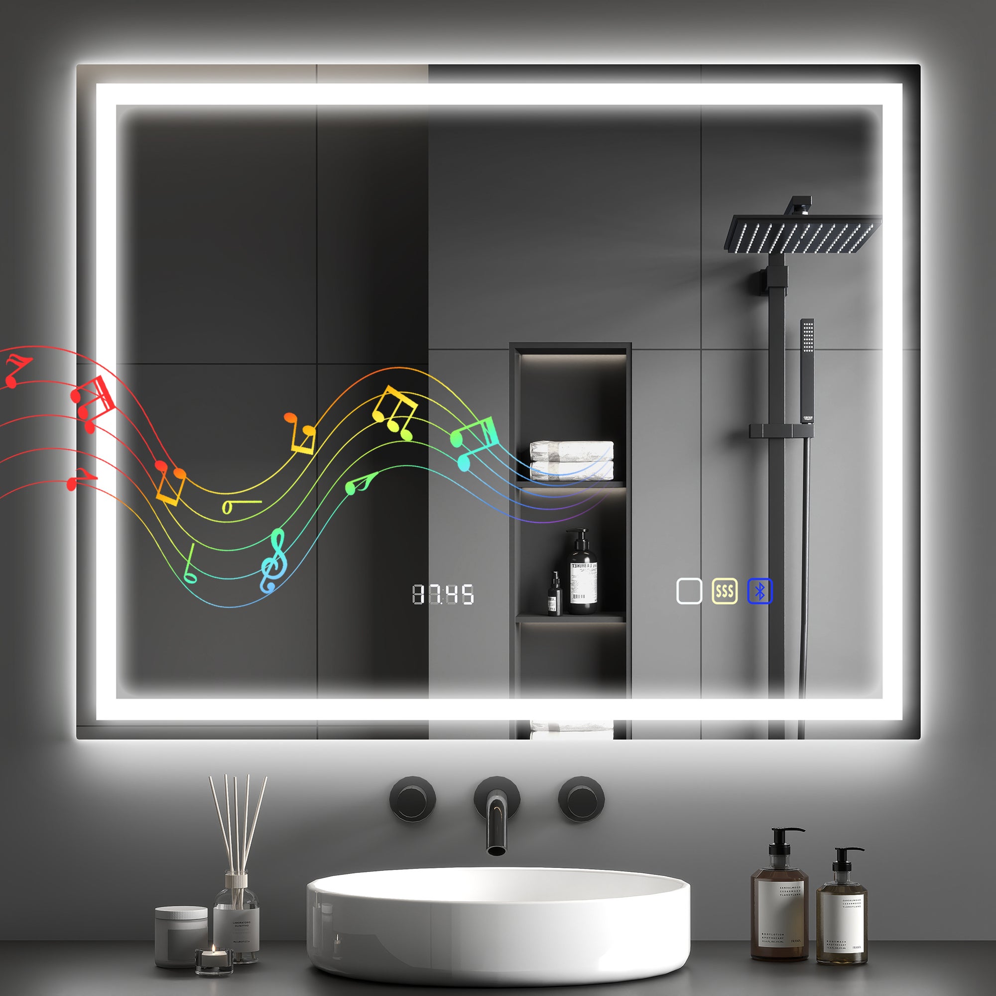 LED łazienka lustro z Bluetooth, 80 x 100 cm, dotykowy switch, regulowany światło z 3 colors, anti-fog, pamięć, srebrny
