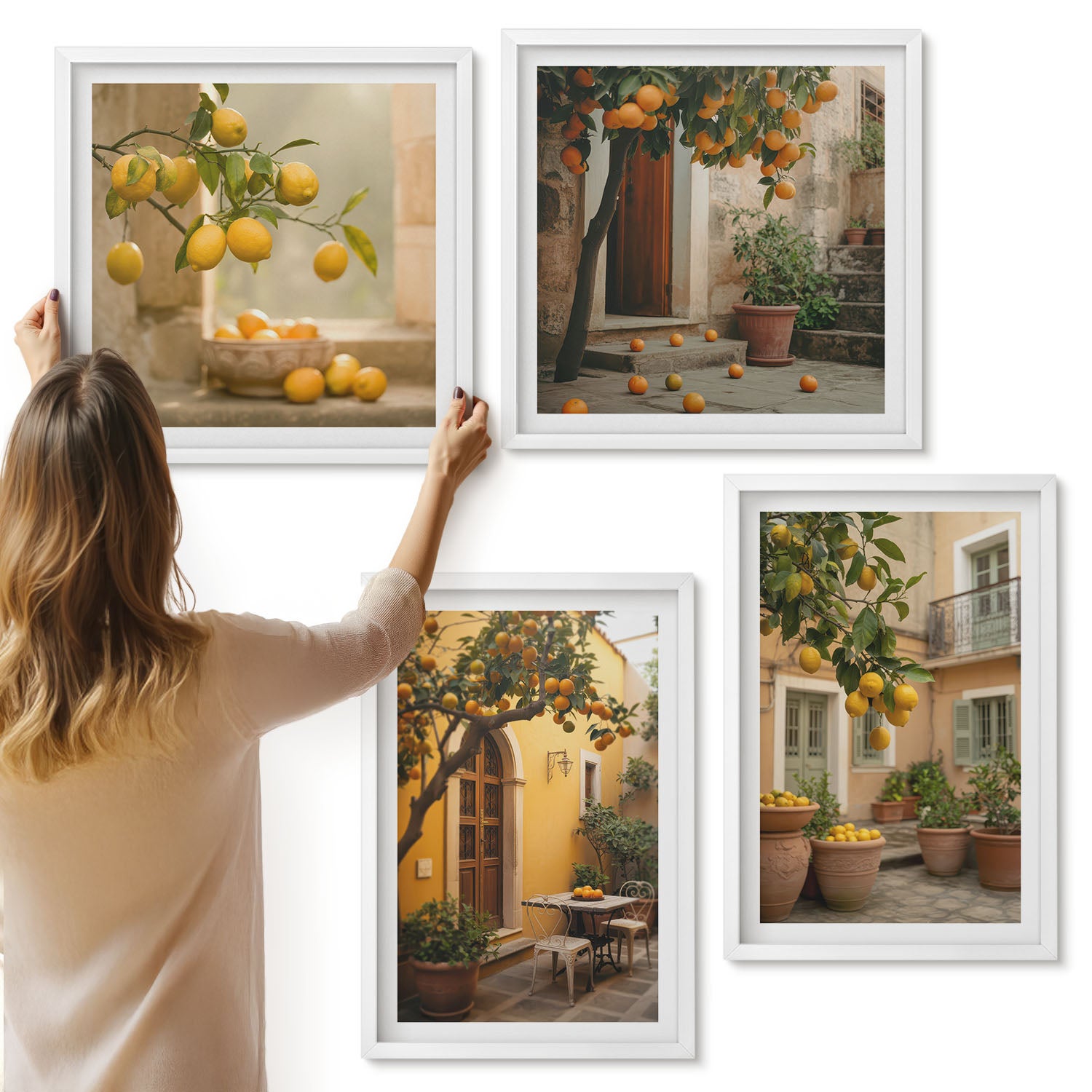 Galeria ścienna 4-częściowy komplet obrazów w białych ramach - Ogród z drzewami cytrusowymi w słonecznym otoczeniu - ArtPrintCave