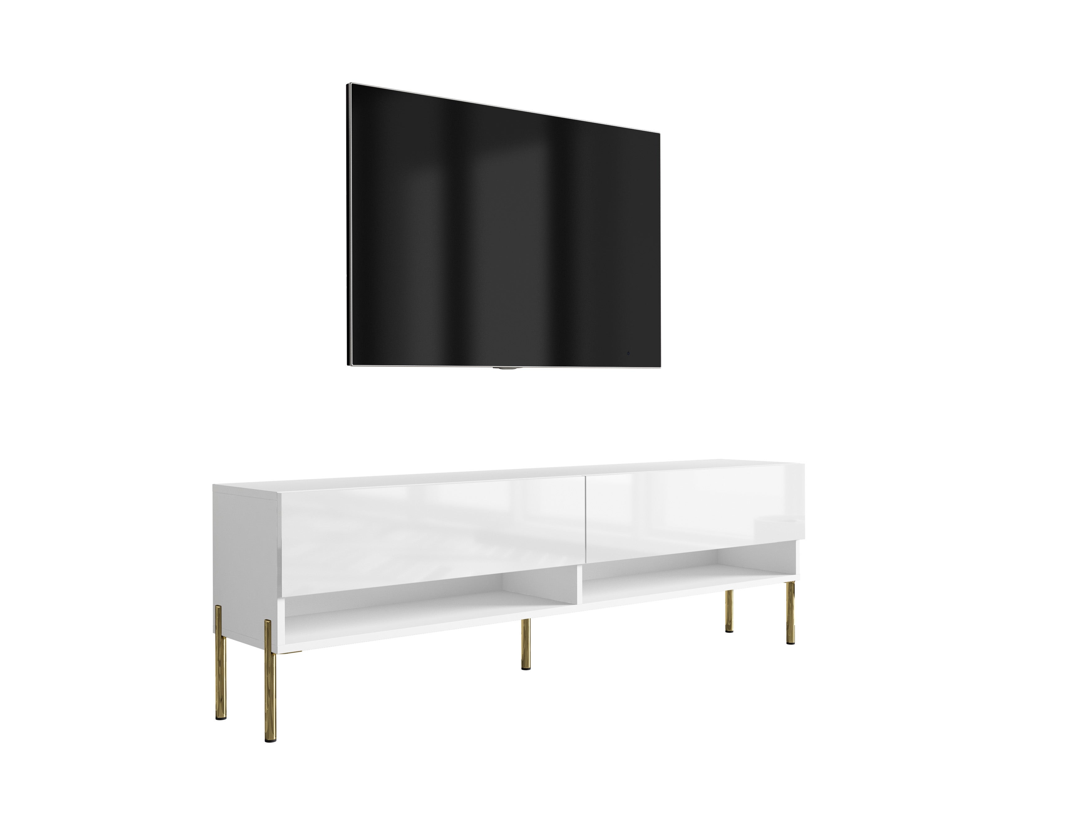 Szafka pod telewizor 170 cm Biały Mat / Biały Połysk, nóżki proste złote, 170 × 32 × 52 cm