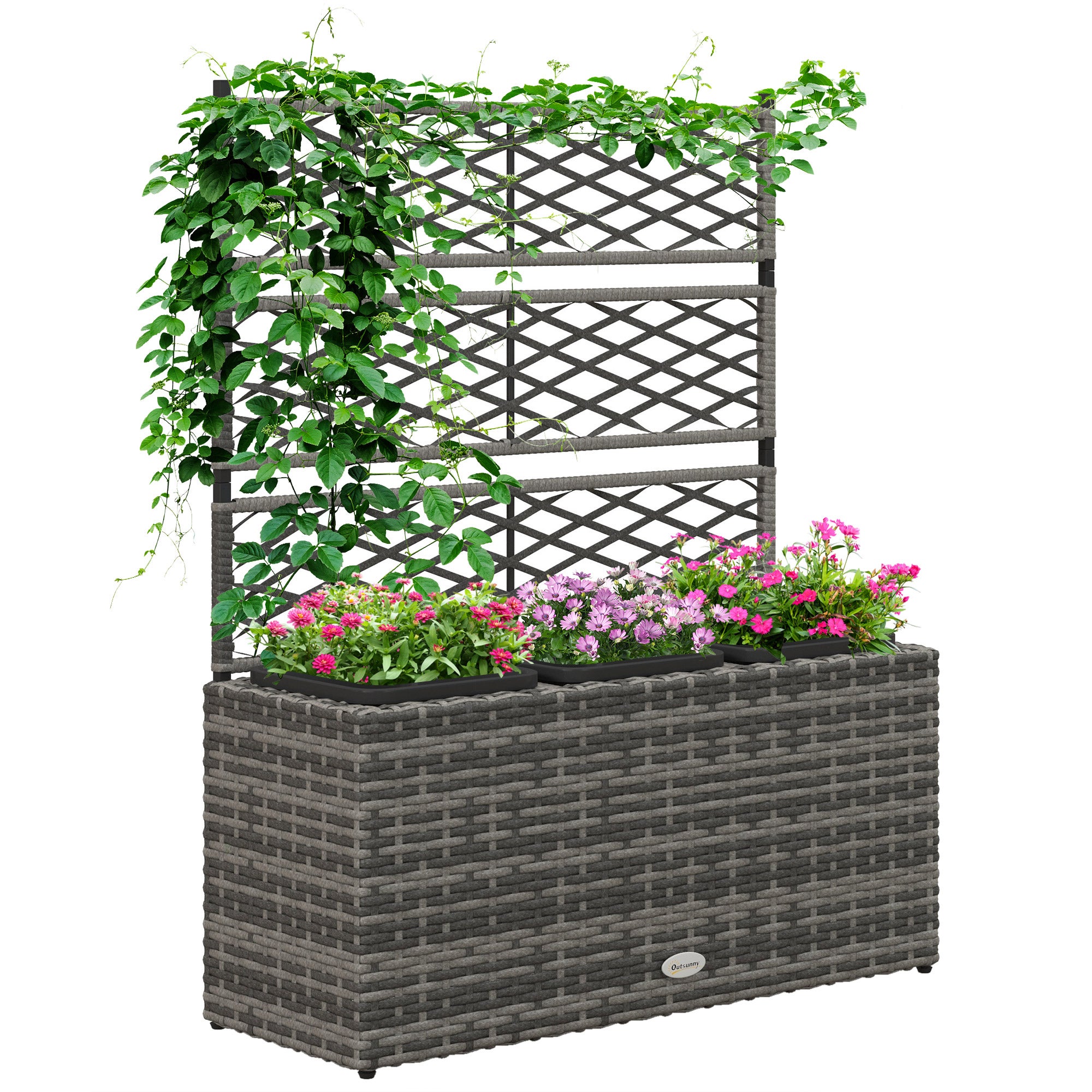 Donica z kratka do Pnący Rośliny z 3 Stal i PE Rattan Doniczki, 84 x 30x107cm, Szary