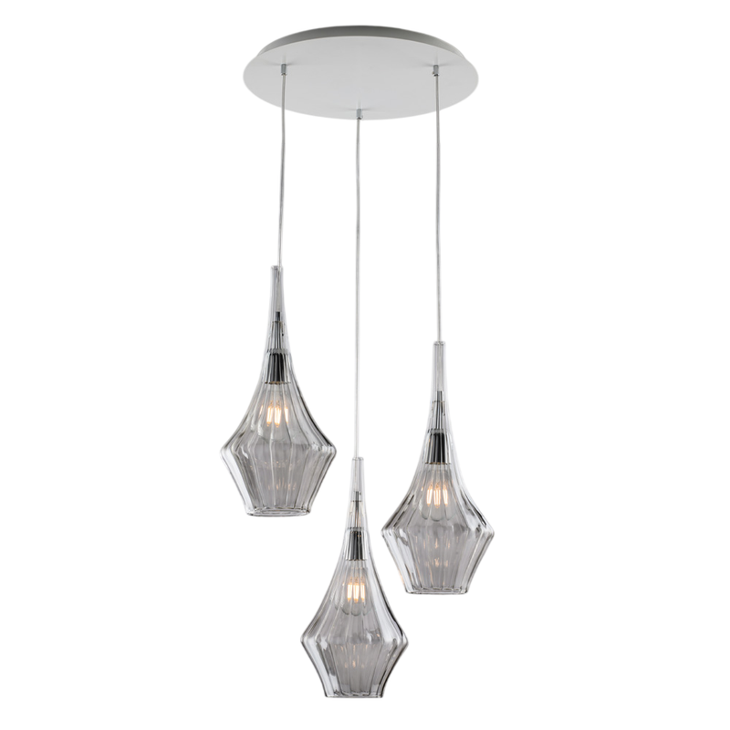 Sospensione in ferro con vetri grigio pyrex 3 luci H.49 - MAX 149 - Ø50