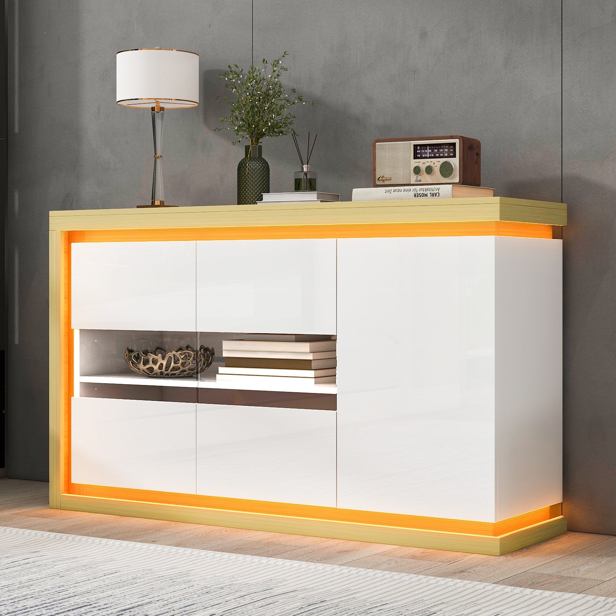 Nowoczesna komoda 140x40x84 cm - Oświetlenie LED - 3 drzwi lakierowane - Płyta wiórowa - Biała