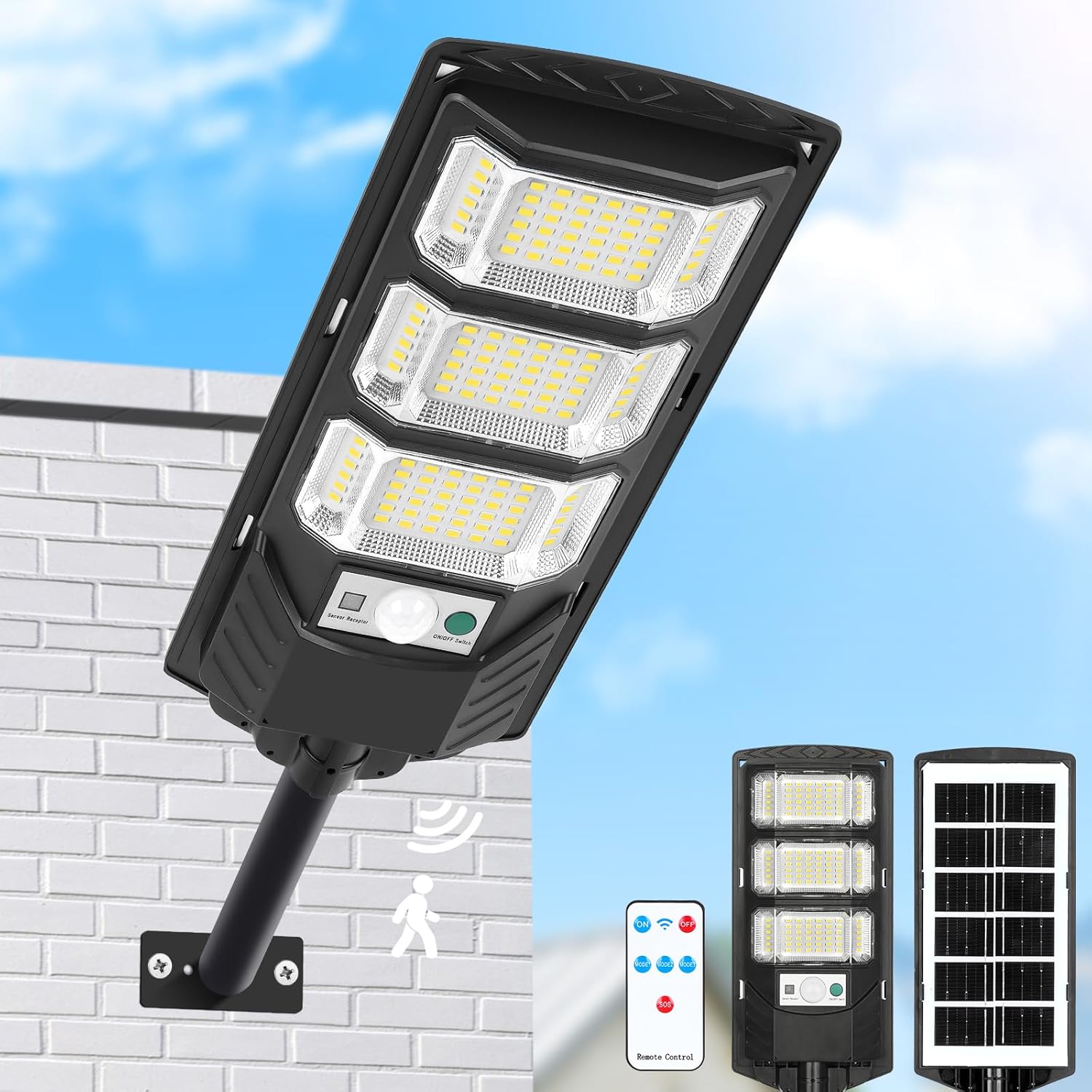 1 solarna lampa uliczna, zewnętrzna lampa solarna 300 W, wodoodporna, solarny reflektor LED z czujnikiem ruchu i pilotem – światło białe