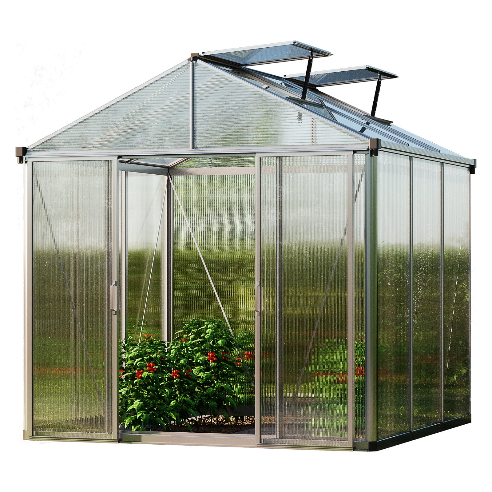 GFP szklarnia TITAN 21 rama aluminiowa 222x222 cm - grube panele poliwęglanowe ok. 10 mm - w tym dodatkowe okna i aut. mechanizmy otwierania okien