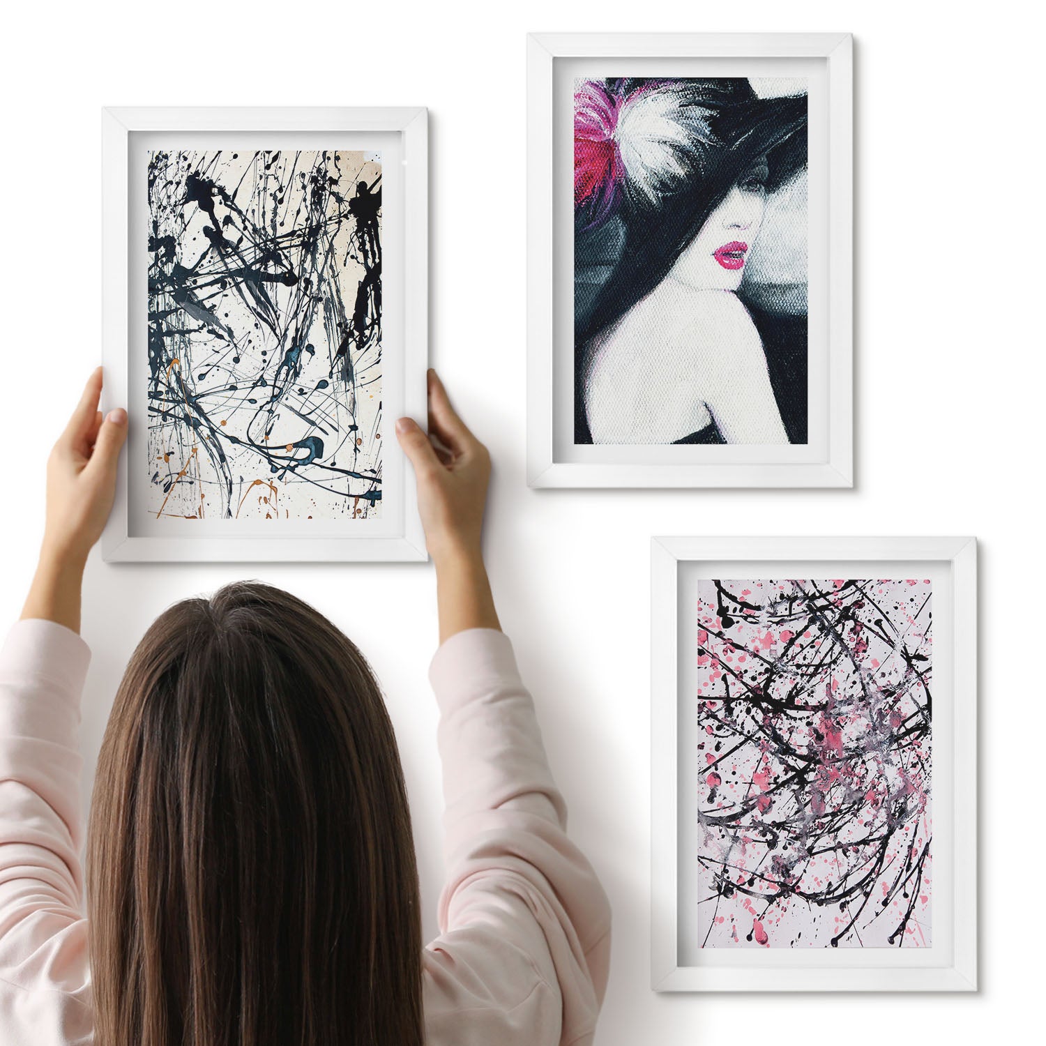 Galeria ścienna 3-częściowy komplet obrazów w białych ramach - Abstrakcyjne wzory farb kobieta w kapeluszu - ArtPrintCave