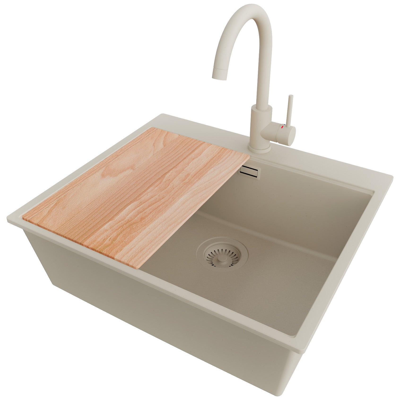 Zlewozmywak Granitowy Beżowy 58x50cm, Zlew Kuchenny 1 Komorowy + Bateria 32x20cm + Syfon + Deska, Nablatowy do szafki od 60cm - Oslo PRIMAGRAN