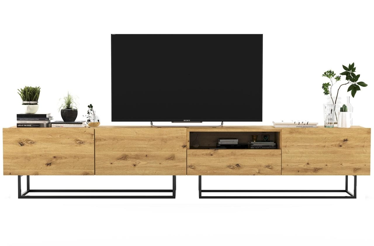 Komoda RTV, półka, loft, industrialna, SANO, 240x35x46 cm, dąb artisan, mat | TYLETEGOTU