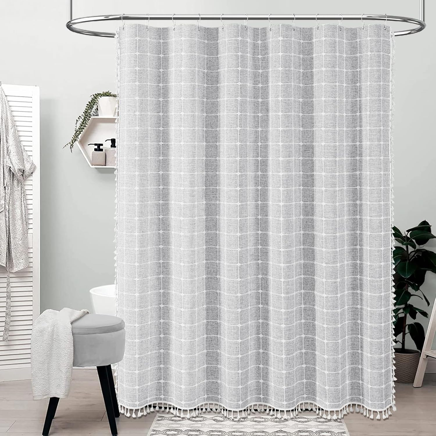 Zasłona prysznicowa z frędzlami w stylu boho, lniana, 72" x 72" (jasnoszara)