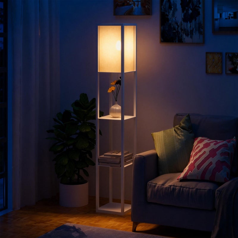 Lampa podłogowa 40W z 3 półkami i włącznikiem pociąganym, wykonana z drewna i polistyrenu, 26x26x160 cm, biała