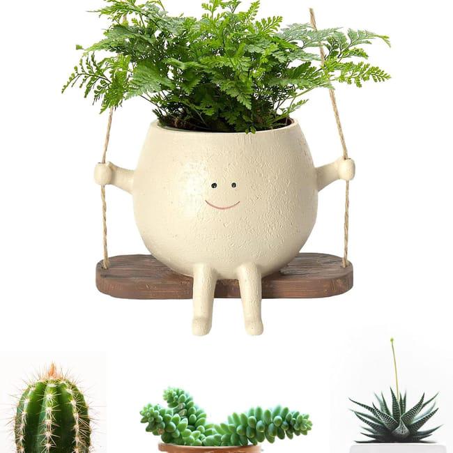 Wisząca doniczka Smiley Face, mała doniczka z żywiczną główką kwiatową, donica wisząca do wewnątrz i na zewnątrz (roślina nie jest dołączona)