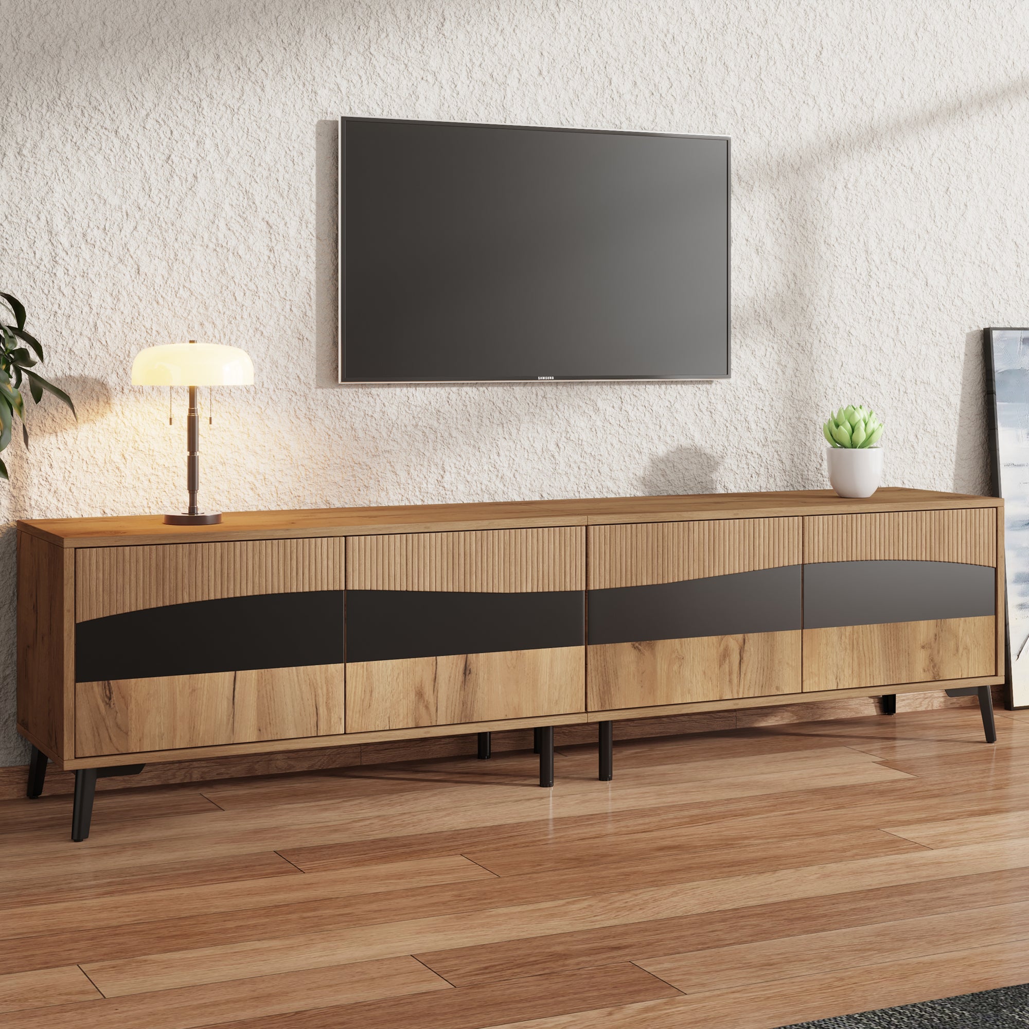 Szafka RTV z 4 drzwiami na telewizor 75 cali - 180 x 40 x 50 cm - Płyta wiórowa - Naturalna