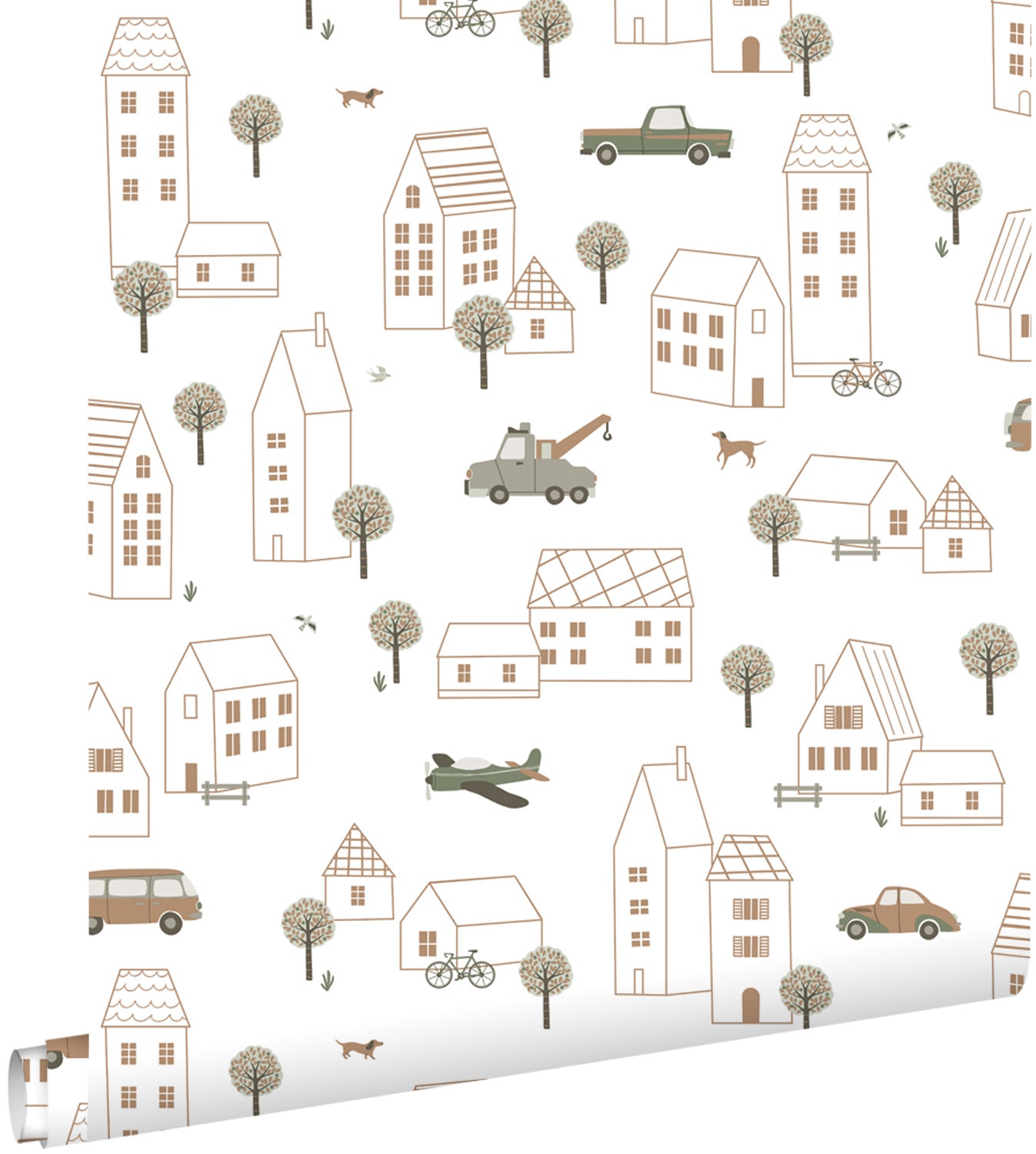 Tapeta pojazdy biały, brązowy i zielony - 50 x 900 cm - ESTAHOME