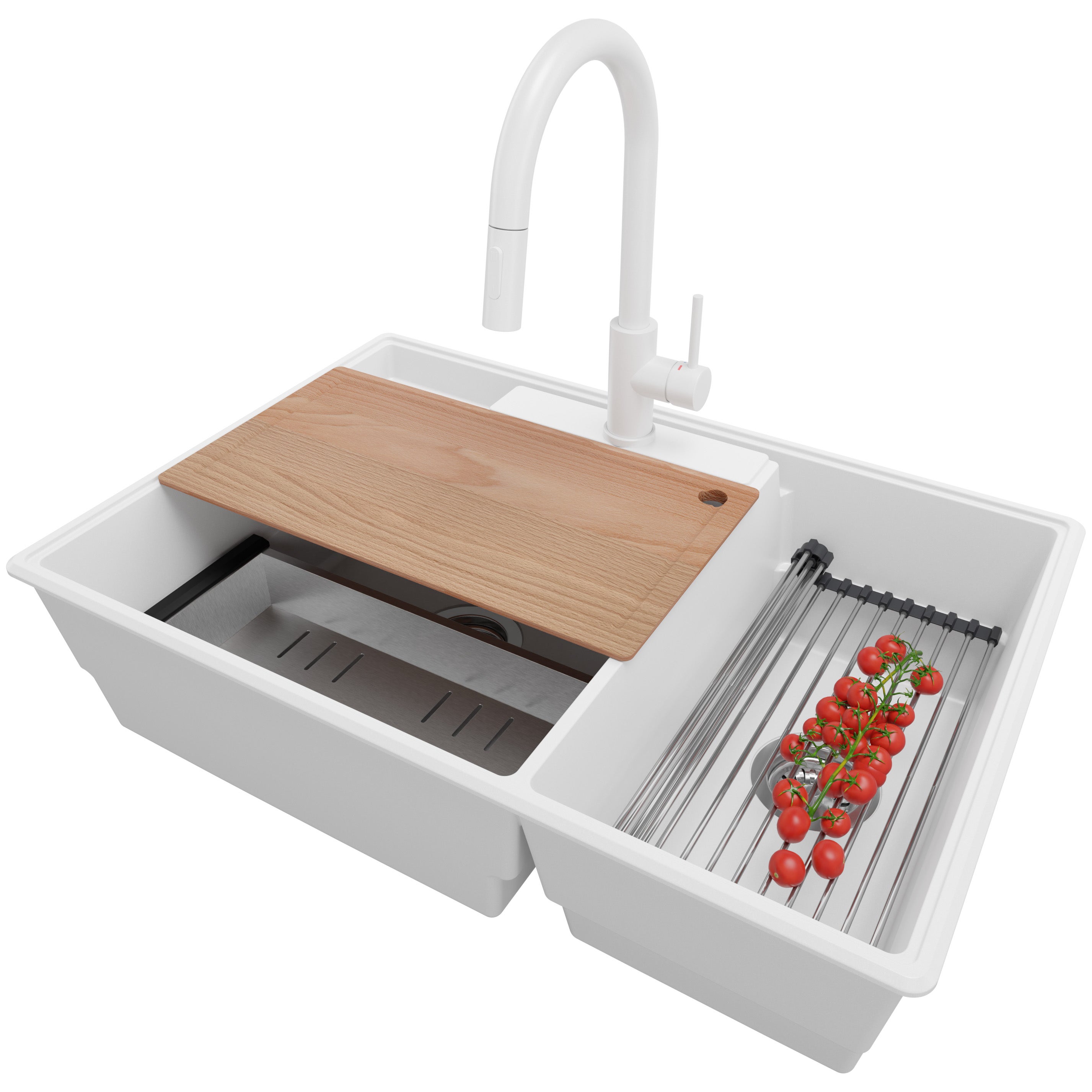 Zlewozmywak Granitowy Biały 78x53cm, Zlew Kuchenny 2 Komorowy + Bateria 40x20cm + Syfon + Akcesoria, Nablatowy do szafki od 80cm - Paryż PRIMAGRAN