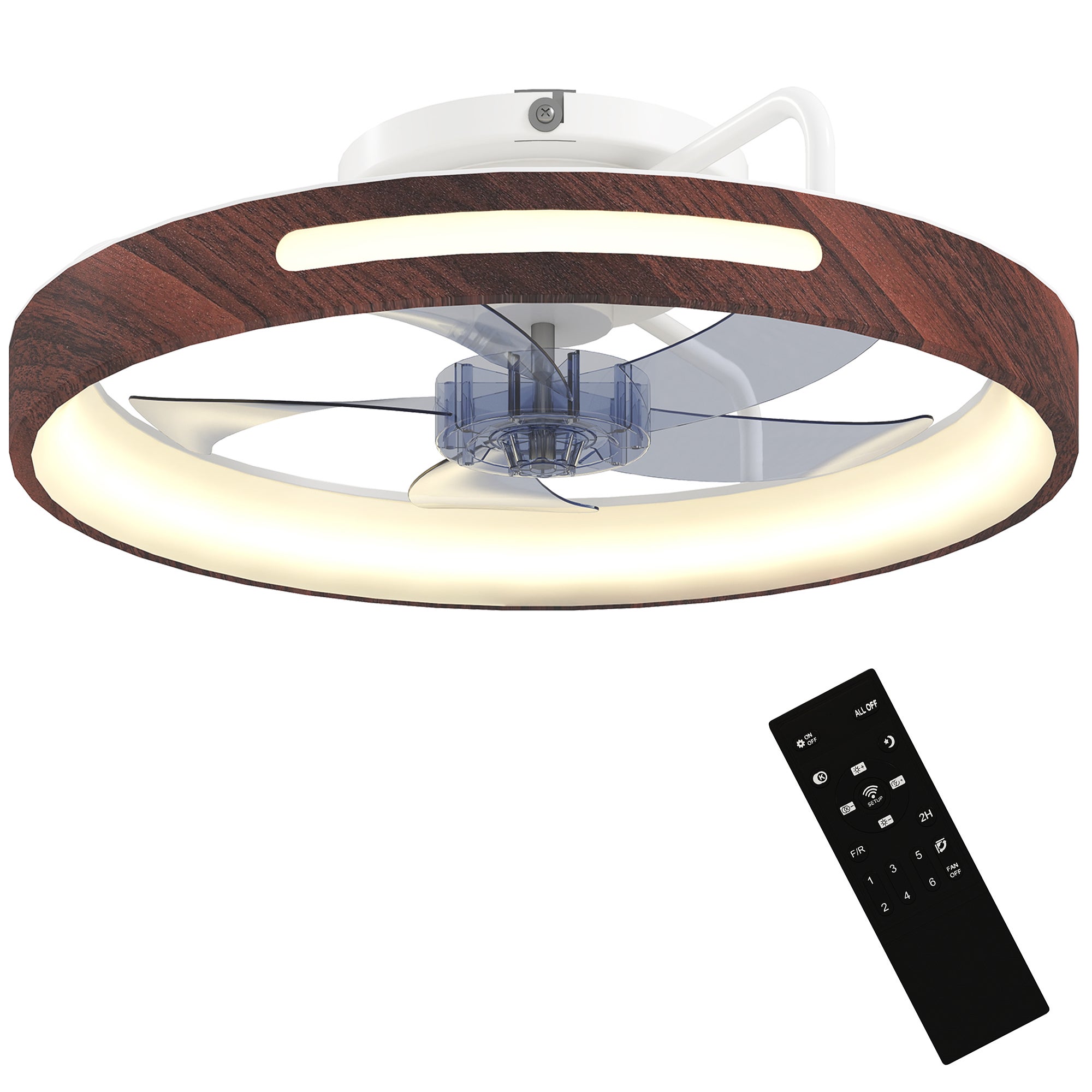 Wentylator sufitowy z oświetleniem LED, silnik prądu stałego 40 W, rewersyjny, pilot zdalnego sterowania, 6 prędkości, 3 kolory, timer, drewno tekowe